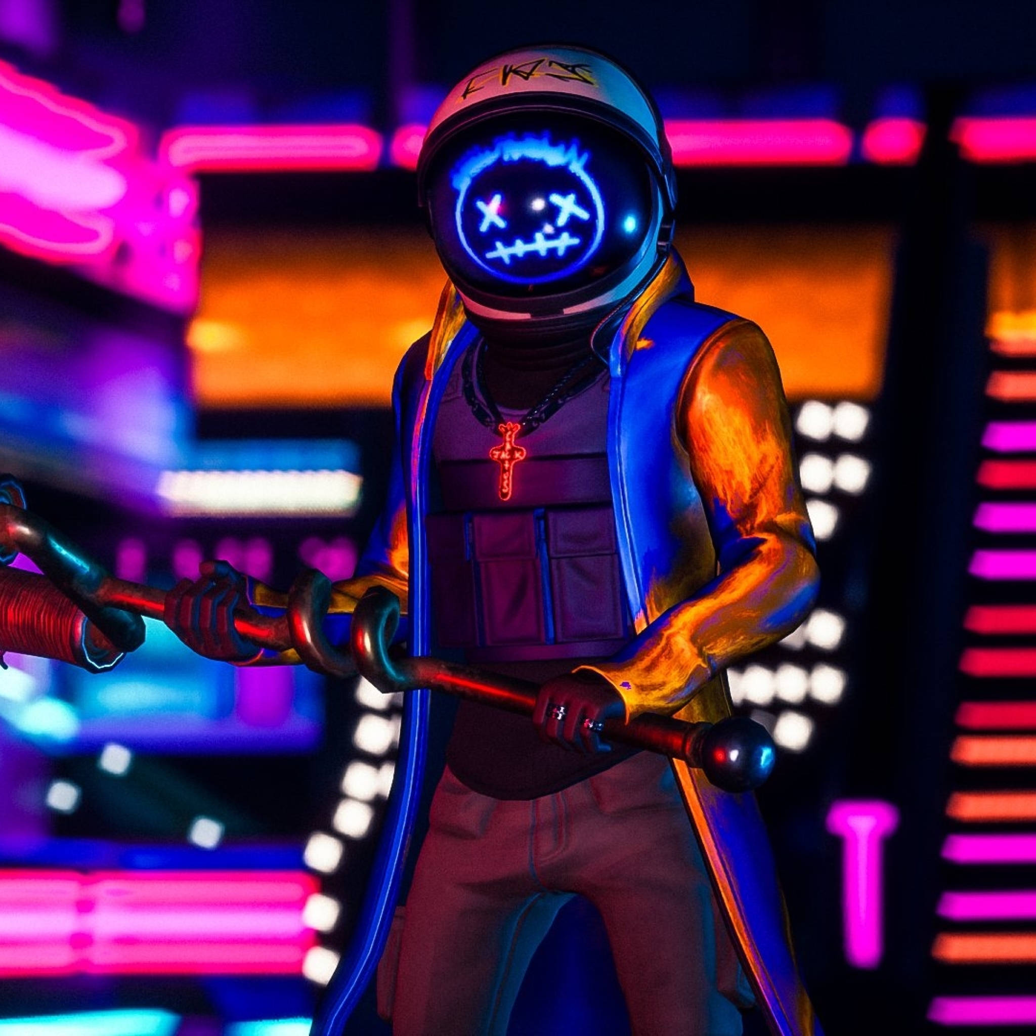 特拉維斯·斯科特《Fortnite》反光橙色戰衣 壁紙 — 一個充滿霓虹色彩的賽博朋克人物，戴著發光頭盔，在充滿活力的數位燈光中揮舞著法杖。