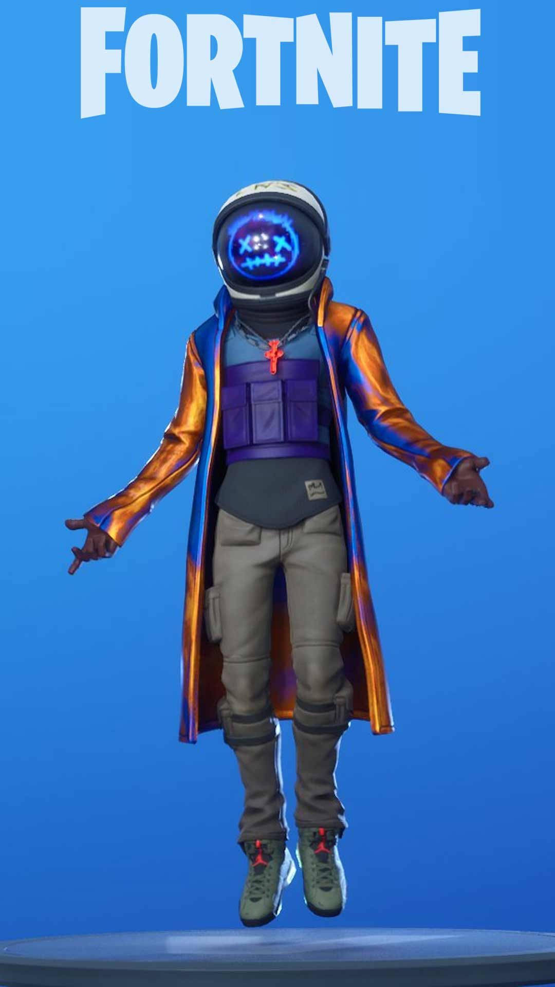 特拉維斯·斯科特《Fortnite》藍色戰鬥背心 壁紙 — 一個Fortnite角色戴著發光的太空人頭盔和彩虹色外套，漂浮在純藍色背景上。