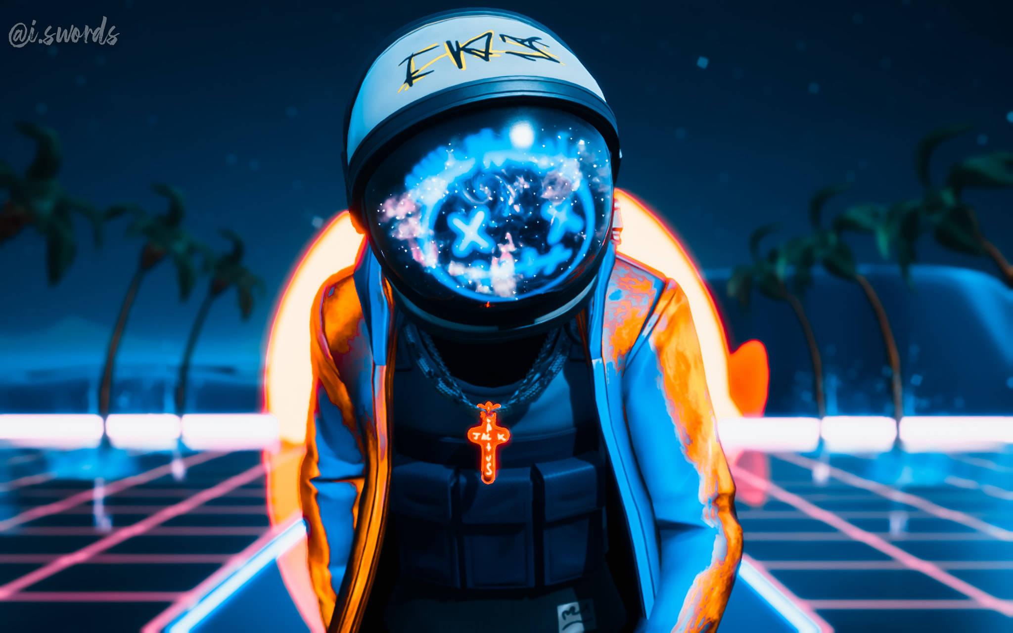 特拉維斯·斯科特《Fortnite》發光宇航服 壁紙 — 一位未來太空人戴著發光的宇宙護目鏡，站在霓虹格柵上，背景是星空和棕櫚樹。