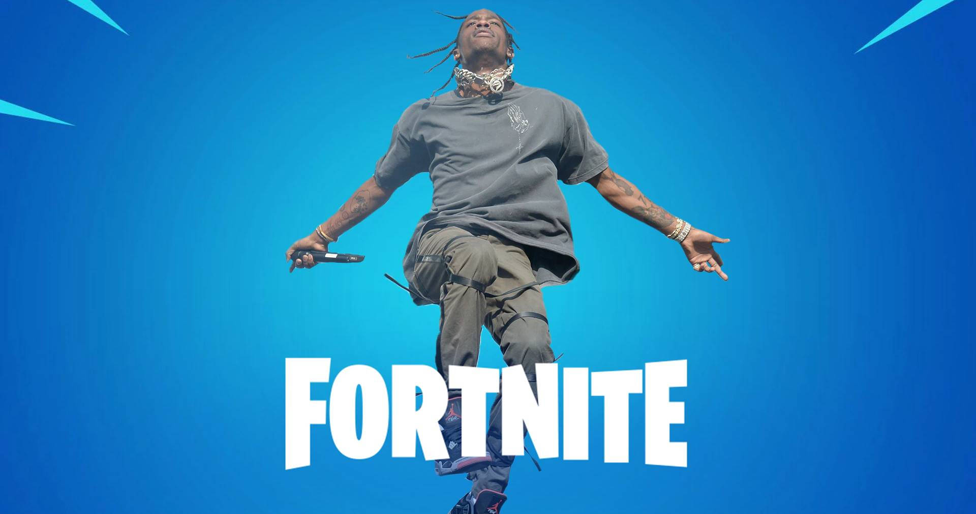 特拉維斯·斯科特《Fortnite》白色標誌 壁紙 — 一位饒舌歌手在充滿活力的藍色漸變背景上動態跳躍，下方有粗體白色Fortnite文字。