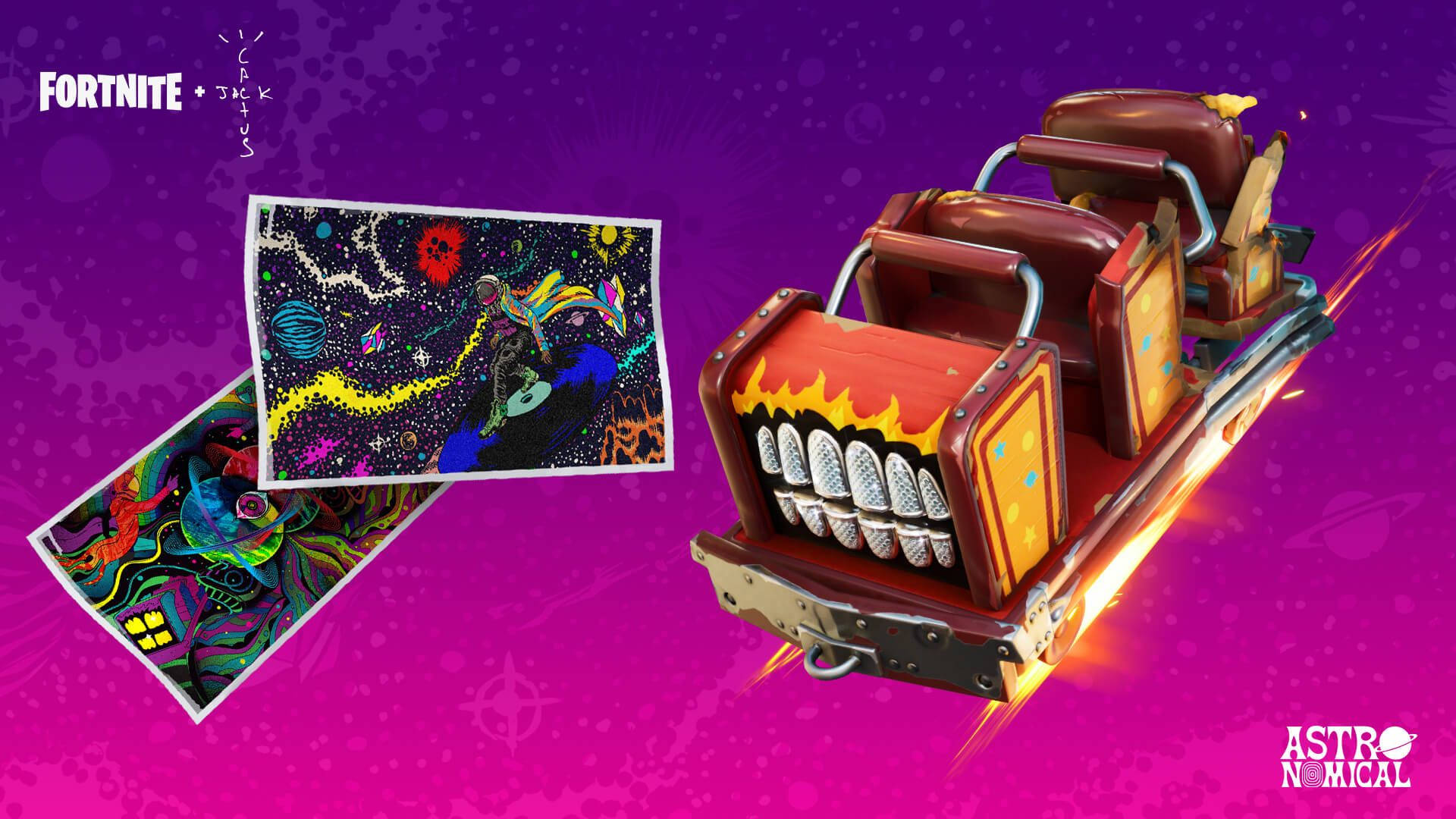 特拉維斯·斯科特《Fortnite》過山車車廂 壁紙 — 充滿活力的Fortnite過山車，帶有火熱的烤架和發光的軌跡，在迷幻的紫色背景上奔馳，伴隨著宇宙藝術。