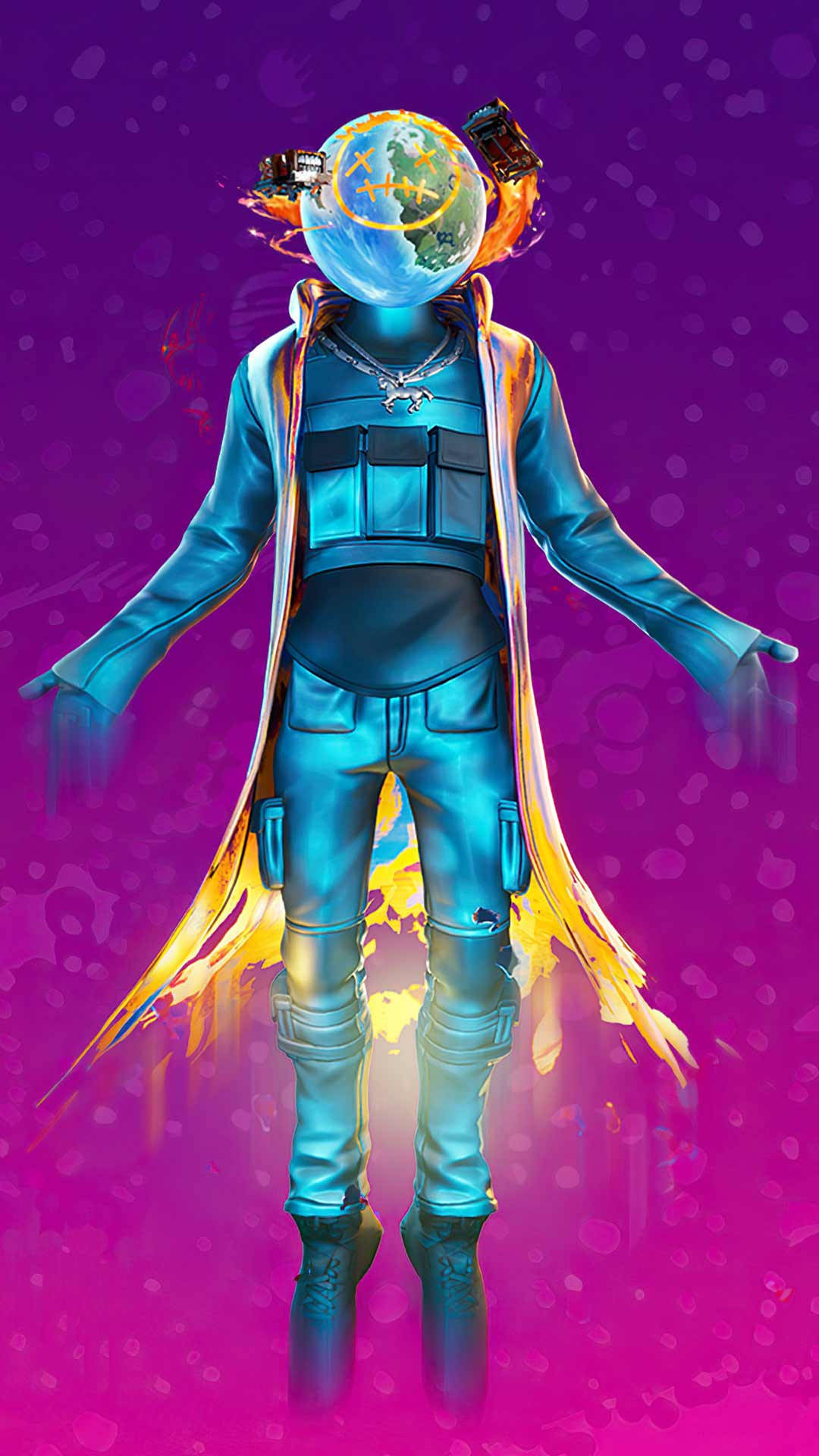 特拉維斯·斯科特《Fortnite》藍色風衣 壁紙 — 一個風格化的人物，以地球儀為頭部，帶有火熱的橙色點綴，站在充滿活力的紫色和粉紅色漸變背景前。