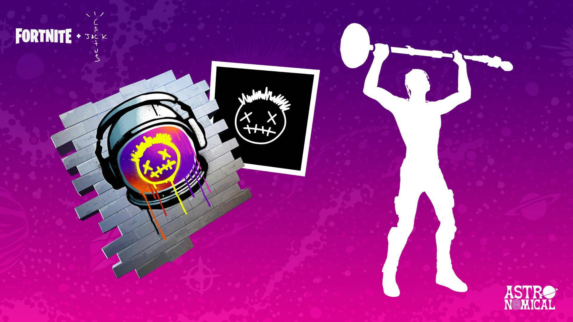 特拉維斯·斯科特《Fortnite》遊戲道具 壁紙 — 一個Fortnite角色剪影在充滿活力的紫色漸變背景上舉起一把巨大的錘子，背景上有塗鴉藝術和遊戲標誌。
