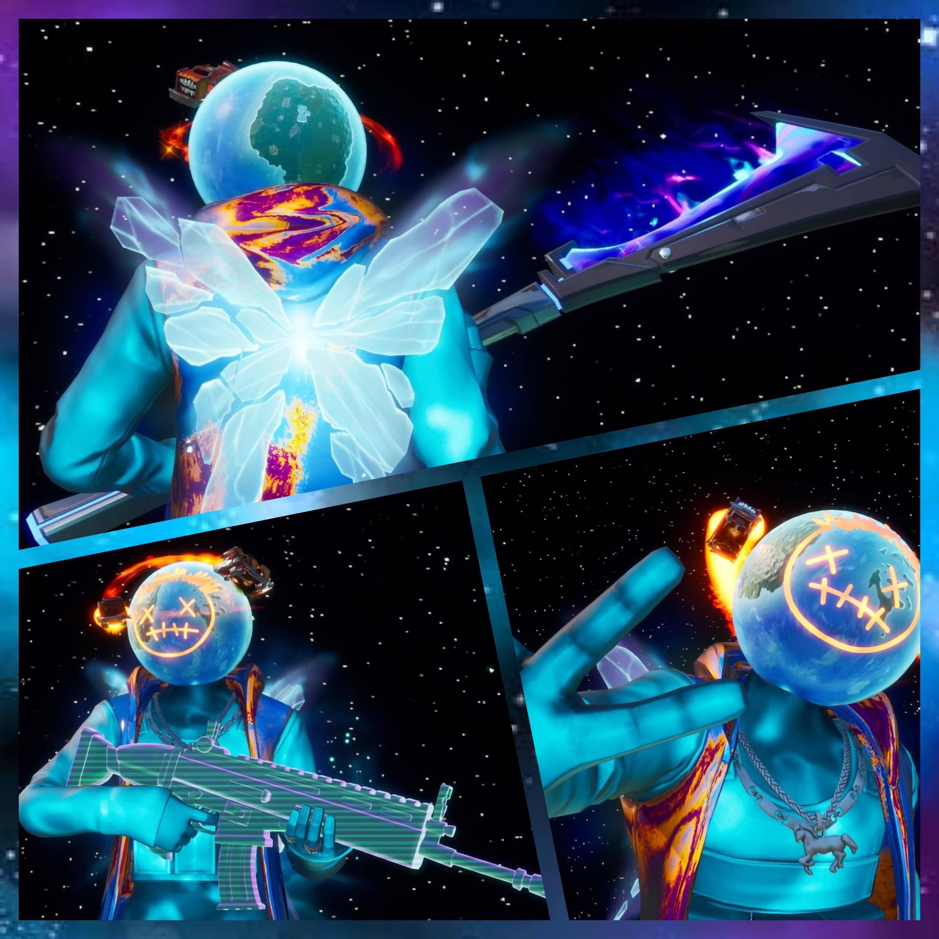 特拉維斯·斯科特《Fortnite》藍色Astro Jack 壁紙 — 一個擁有微笑行星頭的宇宙戰士，揮舞著發光武器對抗星空虛無。