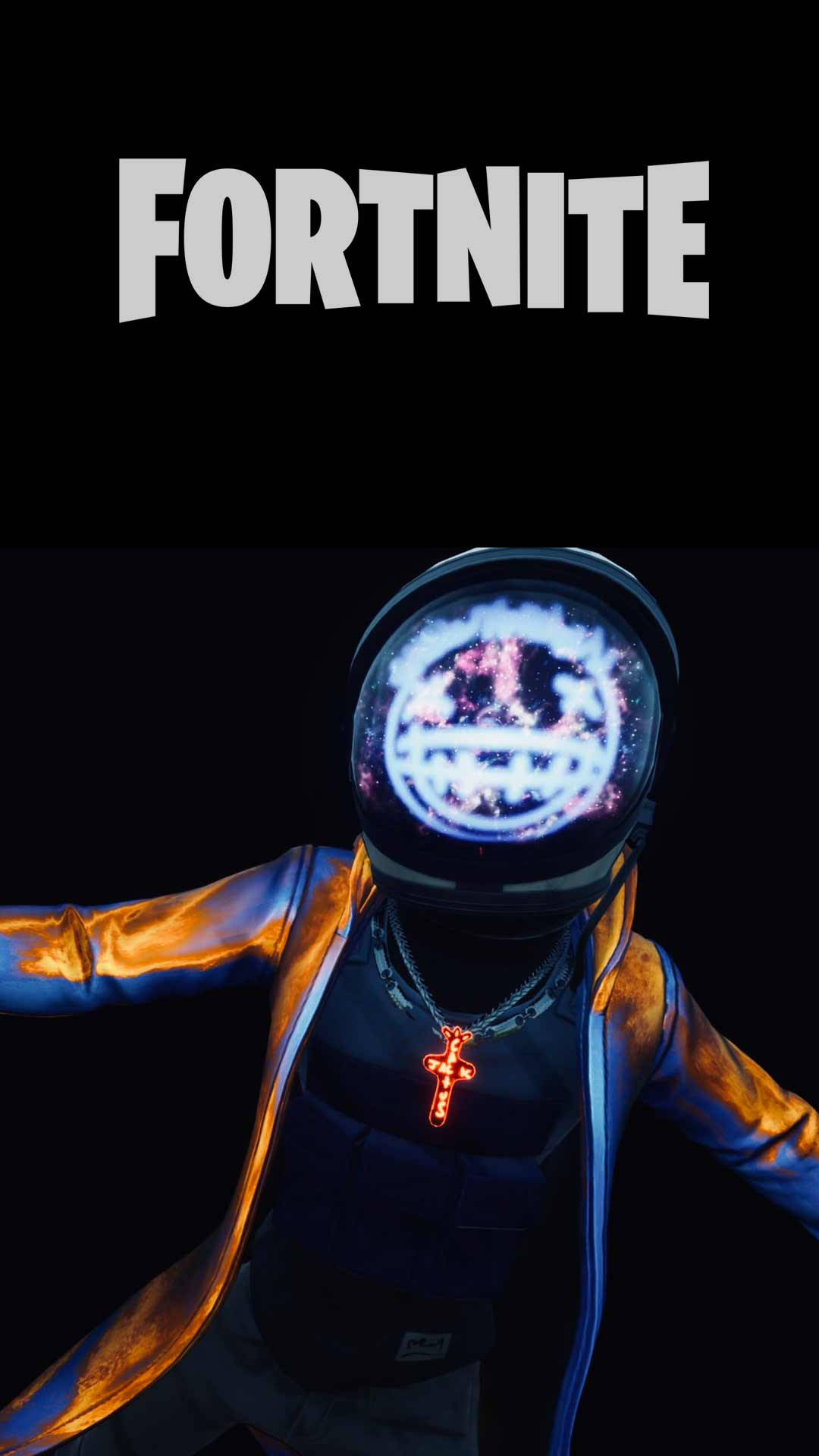 特拉維斯·斯科特《Fortnite》Astro Jack海報 壁紙 — 一個Fortnite角色戴著發光頭盔，上面有宇宙笑臉，站在黑色背景前。