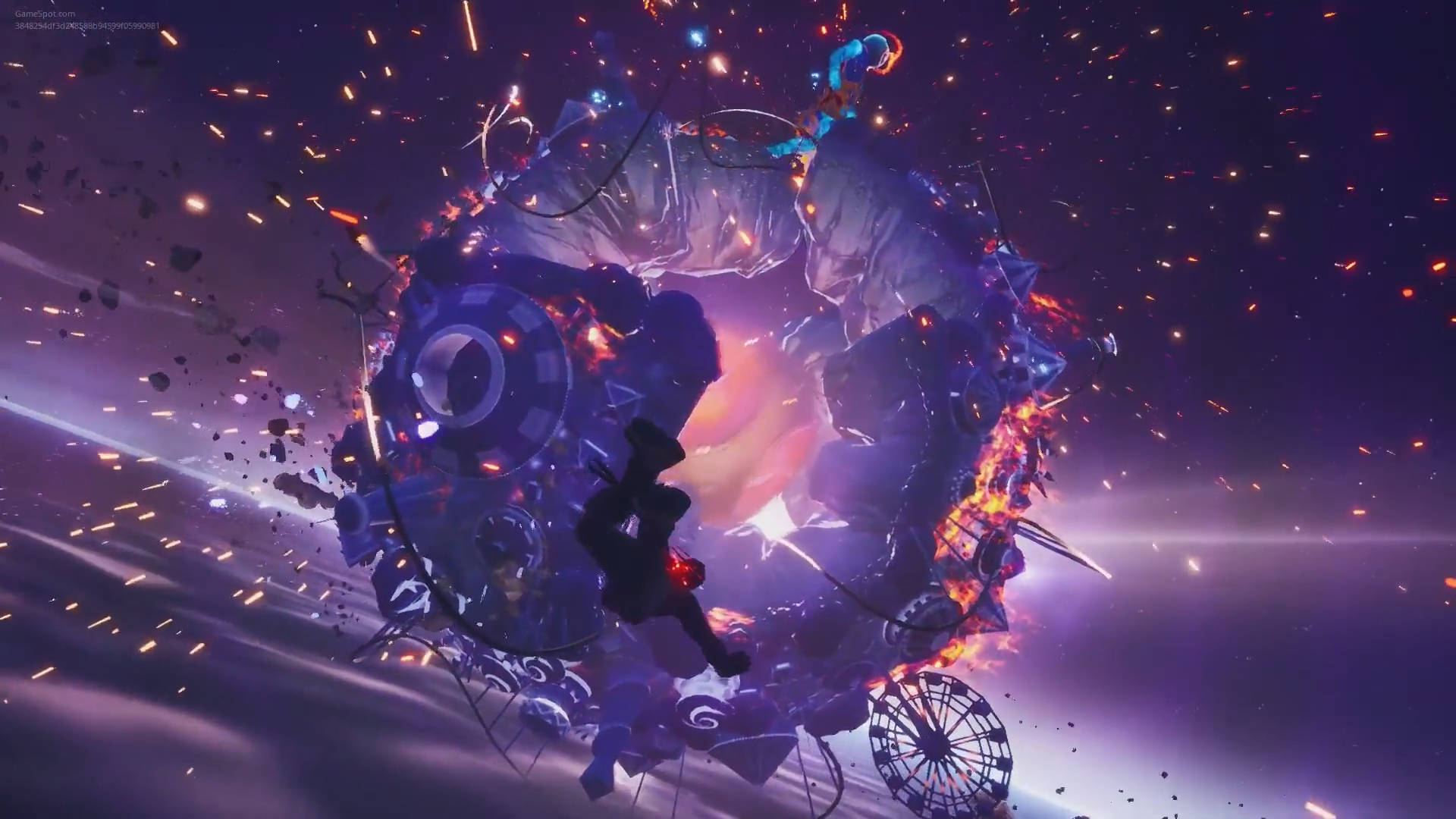 特拉維斯·斯科特《Fortnite》球形機械行星 壁紙 — 一個剪影人物在紫色天空下，於火花四濺和宇宙碎片中與巨大的機械野獸戰鬥。