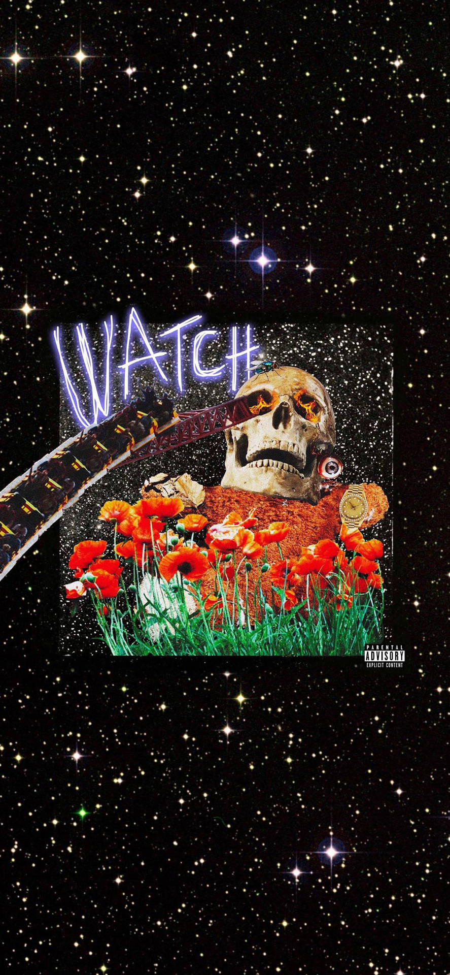 頭骨在罌粟花田，星空下，發光 WATCH 文字