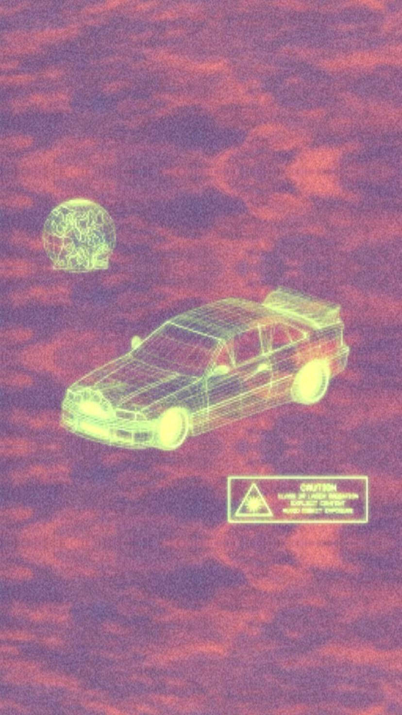 發光的線框汽車懸浮在外星地形上，帶有警告標誌和漂浮的球體。