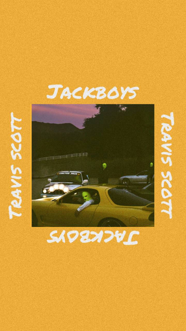 黃昏時分戴綠色面具的人物在黃色跑車旁，附有文字 Travis Scott 和 Jackboys