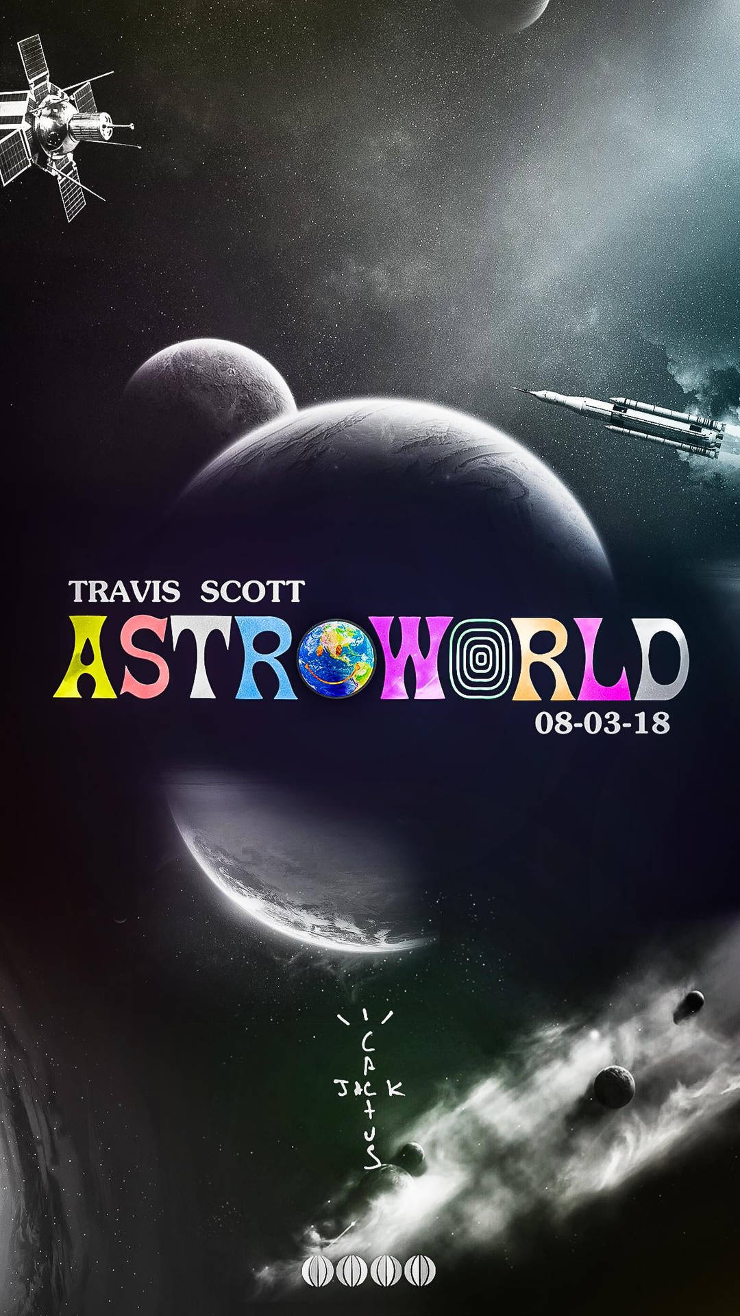 太空場景，行星、火箭和衛星圍繞色彩繽紛的ASTROWORLD文字。