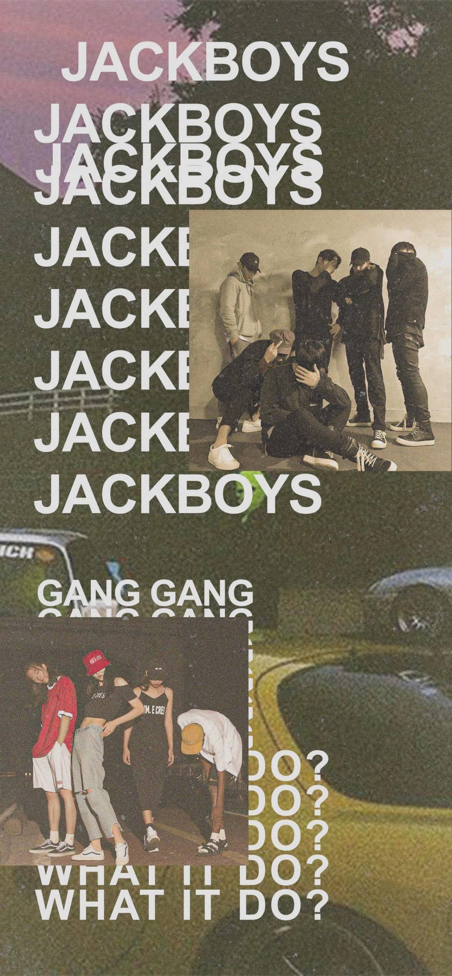 Jackboys 樂隊成員以街頭風格姿勢，搭配重複文字和汽車圖形。
