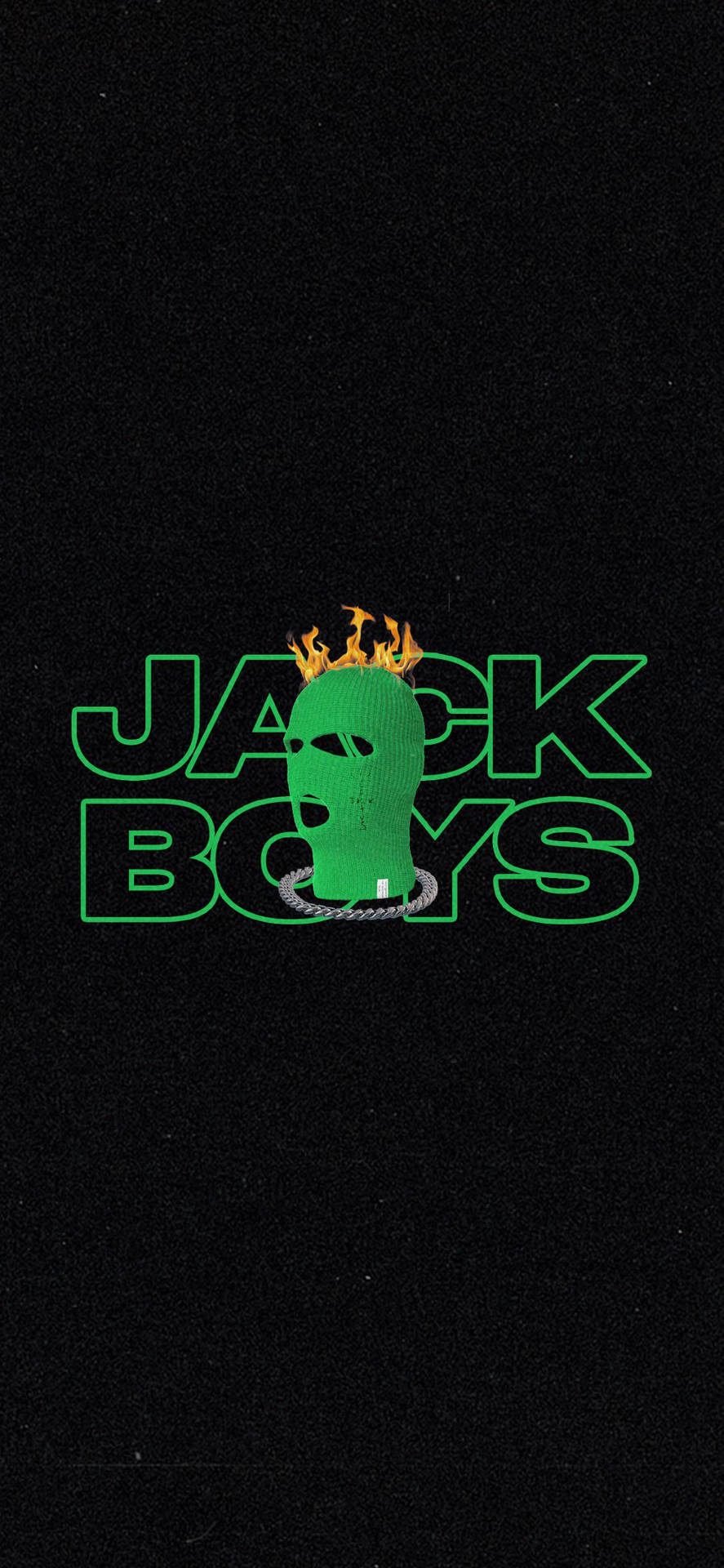 戴著綠色面具、頭頂有火焰的人物，在發光的綠色Jack Boys文字下戴著鏈條。