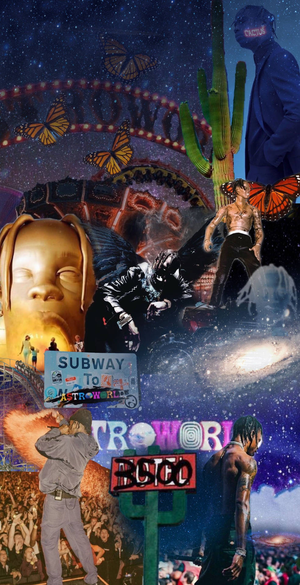 Travis Scott 演唱會場景，包含蝴蝶、仙人掌和宇宙元素。