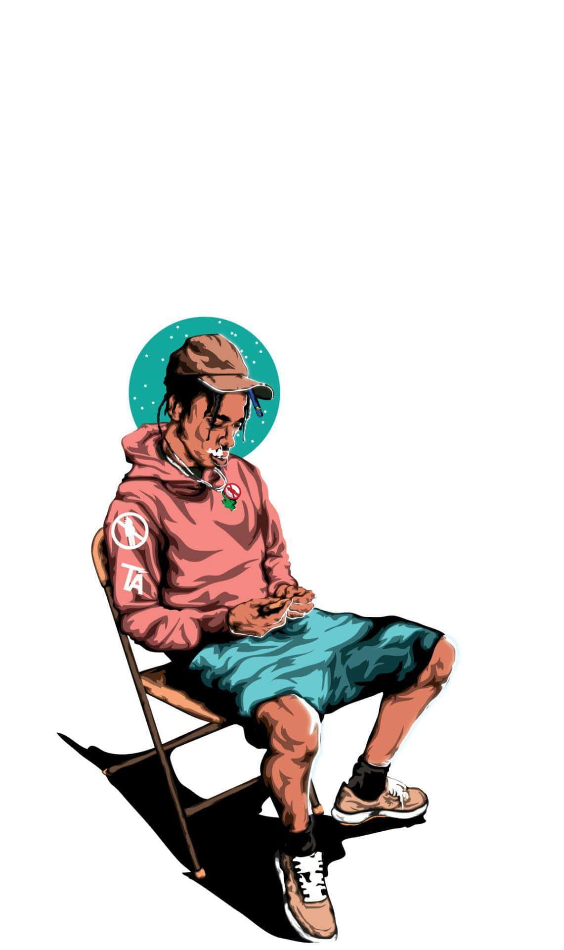 身穿粉紅色連帽衫和青綠色短褲的男子坐在摺疊椅上，頭後有青綠色光環。