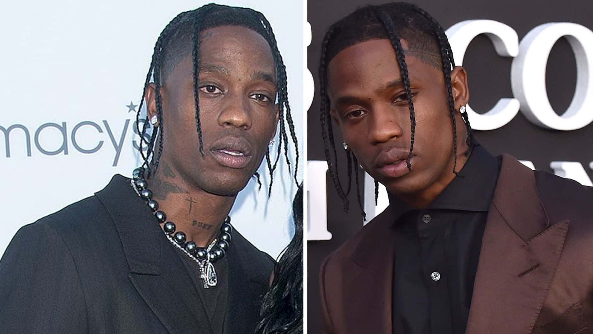 Travis Scott 的兩張正式肖像，穿著黑色西裝和珍珠項鍊。