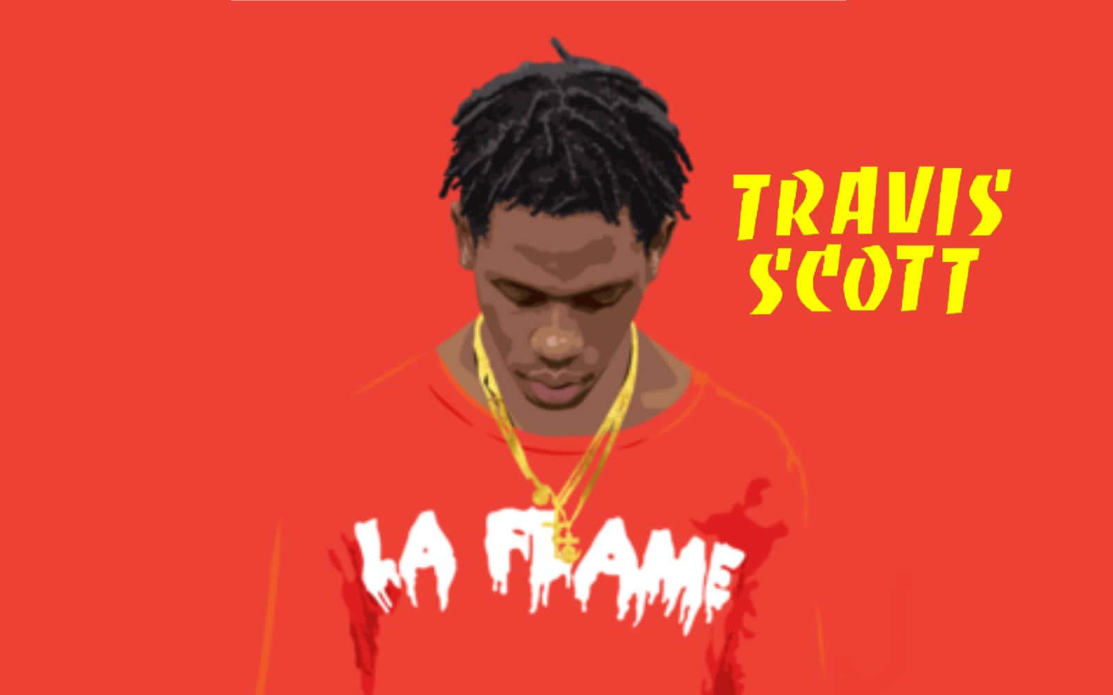 Travis Scott 穿著印有 LA FLAME 字樣的紅色衛衣和金色鏈條。