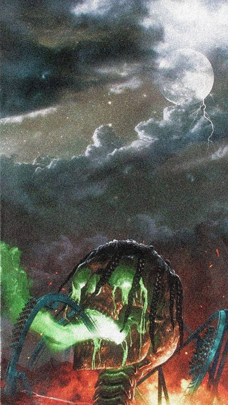 帶有發光綠色粘液的外星怪物，在暴風雨夜空下從熾熱地面噴發。