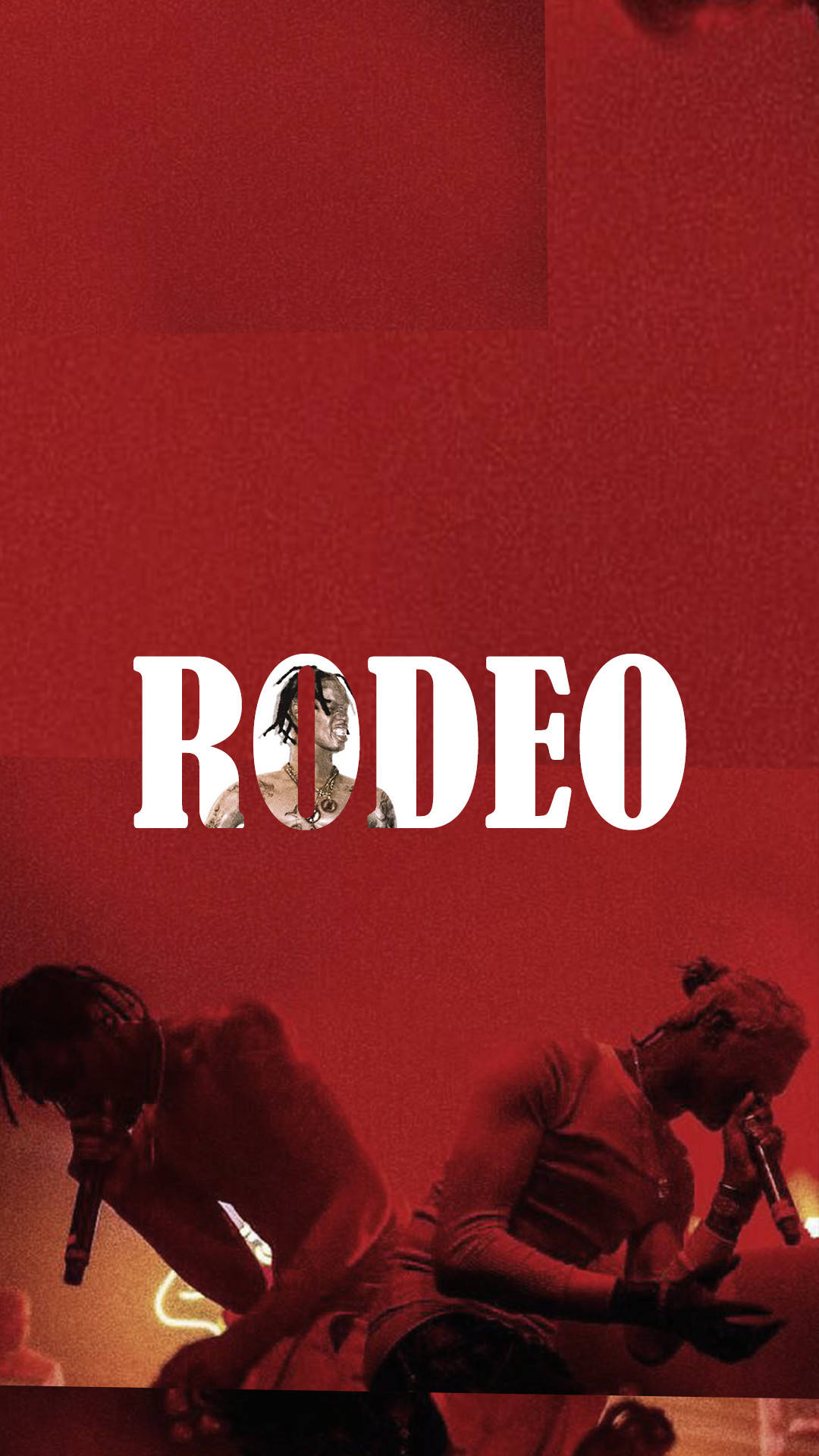 兩位說唱歌手在紅燈下舞台上表演，帶有 'RODEO' 文字。