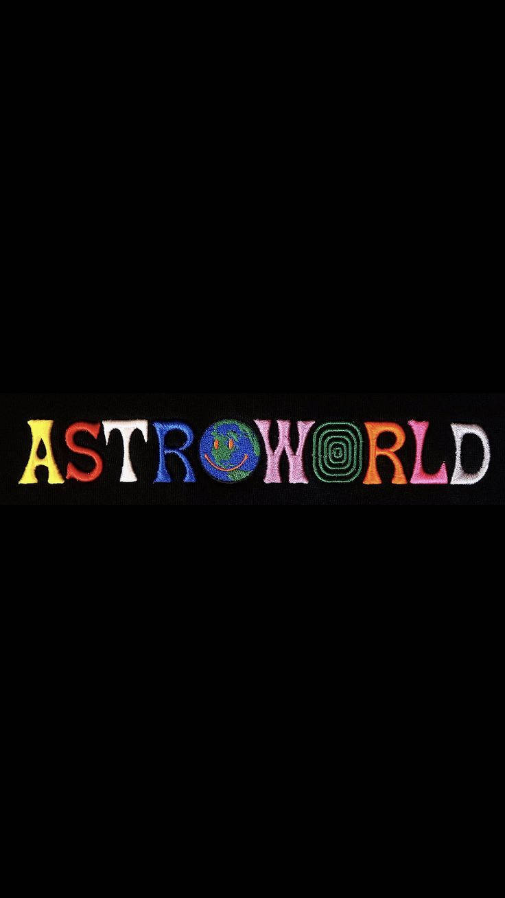 黑色背景上以地球儀取代O的彩色刺繡ASTROWORLD文字