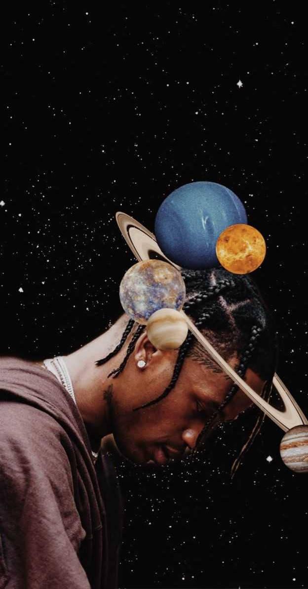 紮辮子的人，頭頂上有行星漂浮在星空之中。