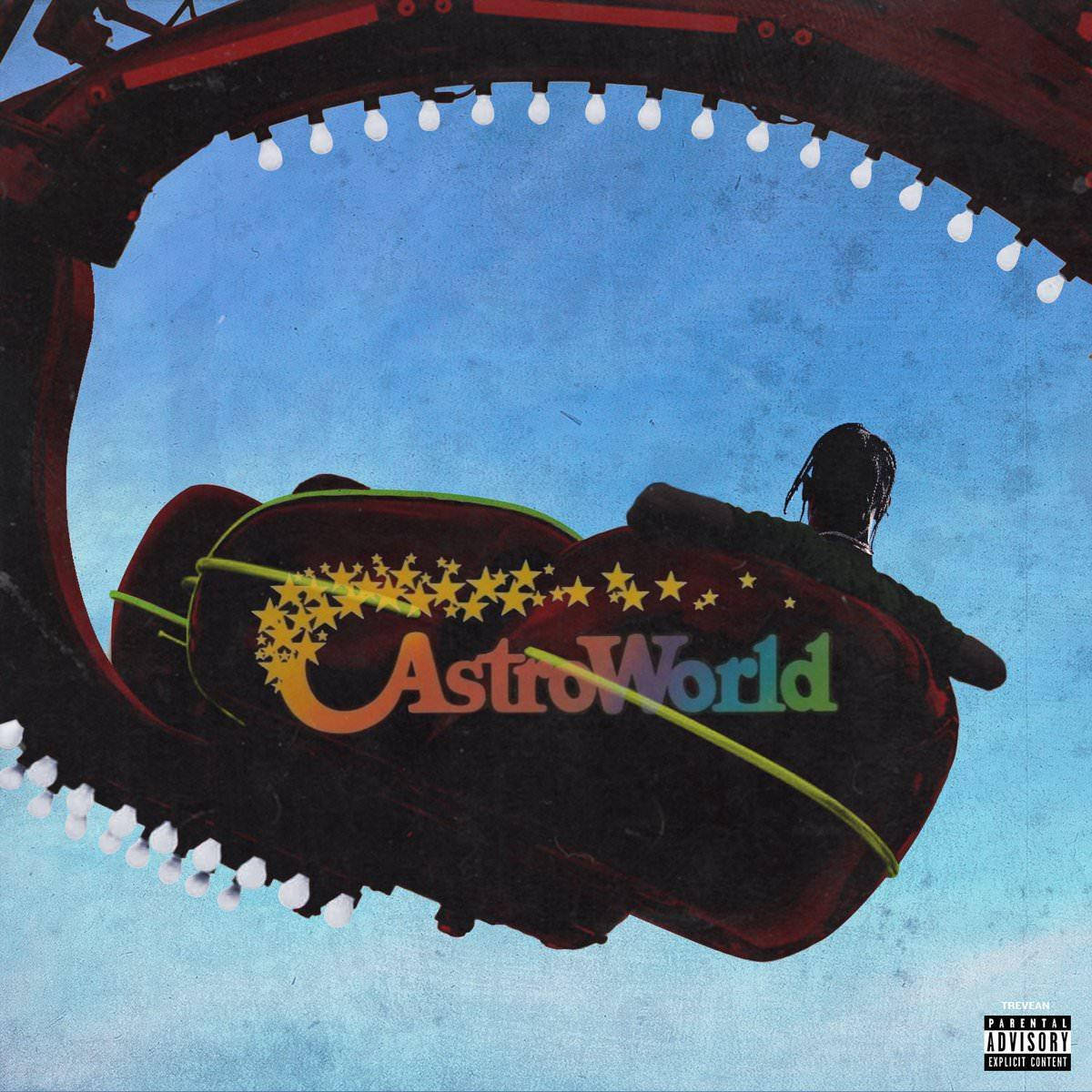 夜晚喺一串燈光下帶有'AstroWorld'標誌嘅過山車上嘅人。