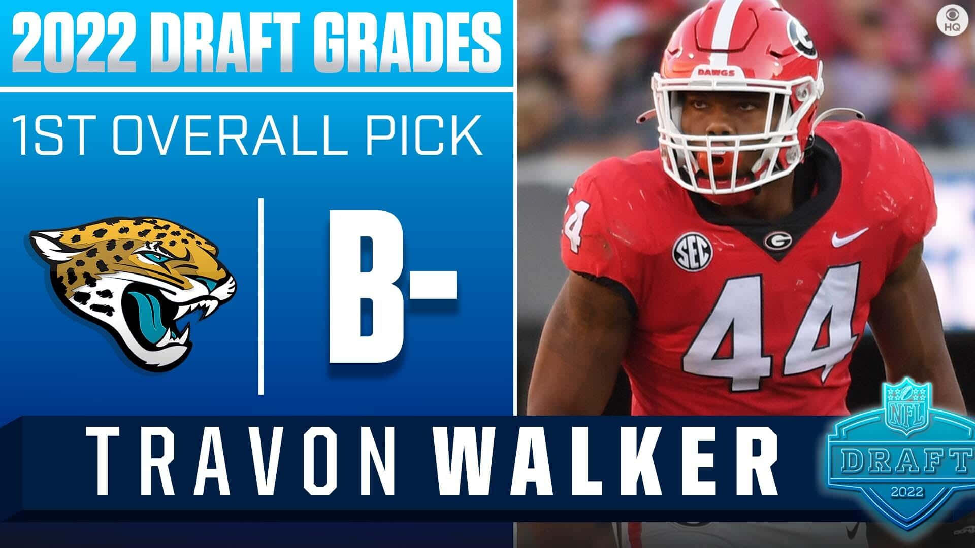 Travon Walker身穿紅色球衣，號碼44，傑克遜維爾美洲虎隊選秀評級B-圖表。
