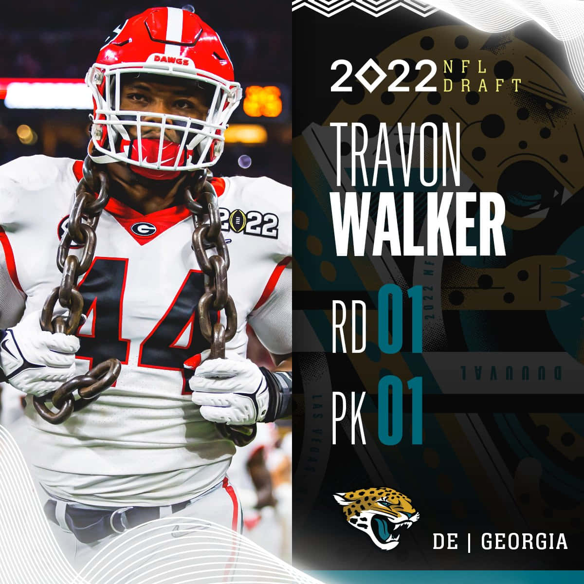 足球員手持鎖鏈，附有Travon Walker的2022年NFL選秀資訊。