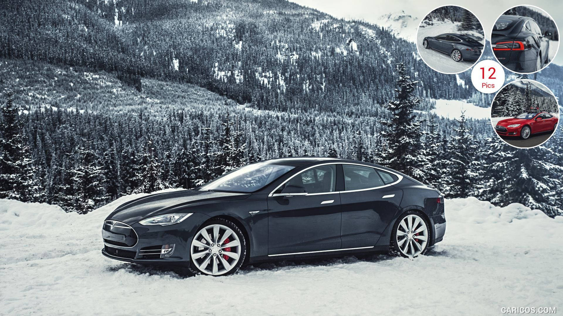 特斯拉Model S 85D冬季 壁紙 — 一輛時尚的黑色Tesla Model S停在深雪中，背景是白雪覆蓋的松林和山脈。