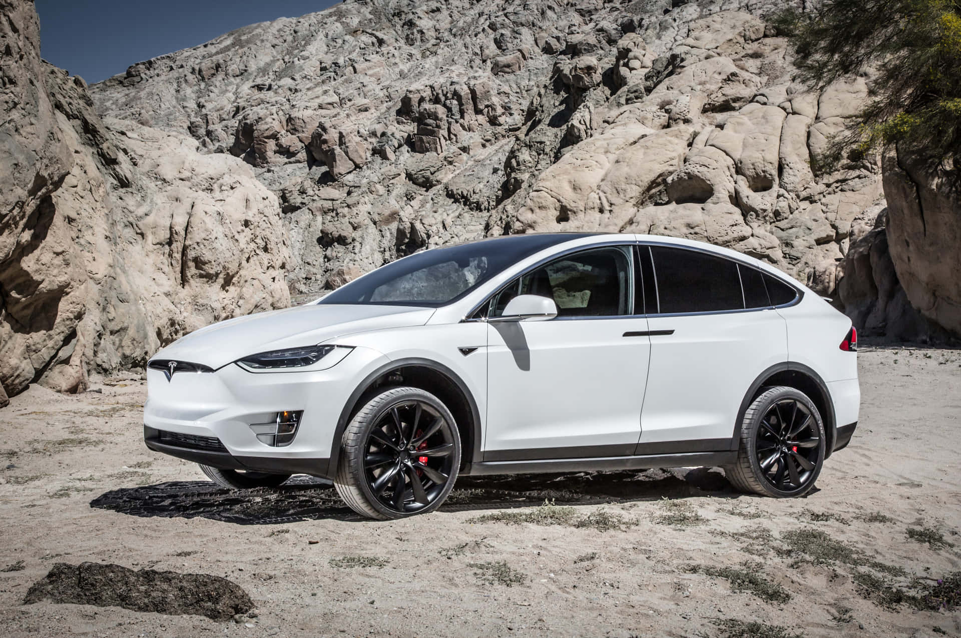 白色Tesla Model X停泊在岩石沙漠景觀中。