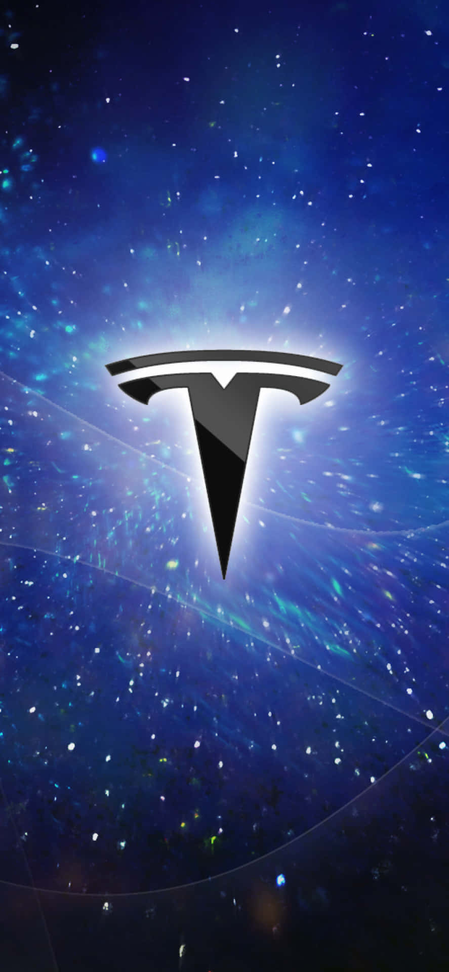Tesla 標誌在繁星點點的宇宙背景下發光，伴隨著旋轉的星雲。