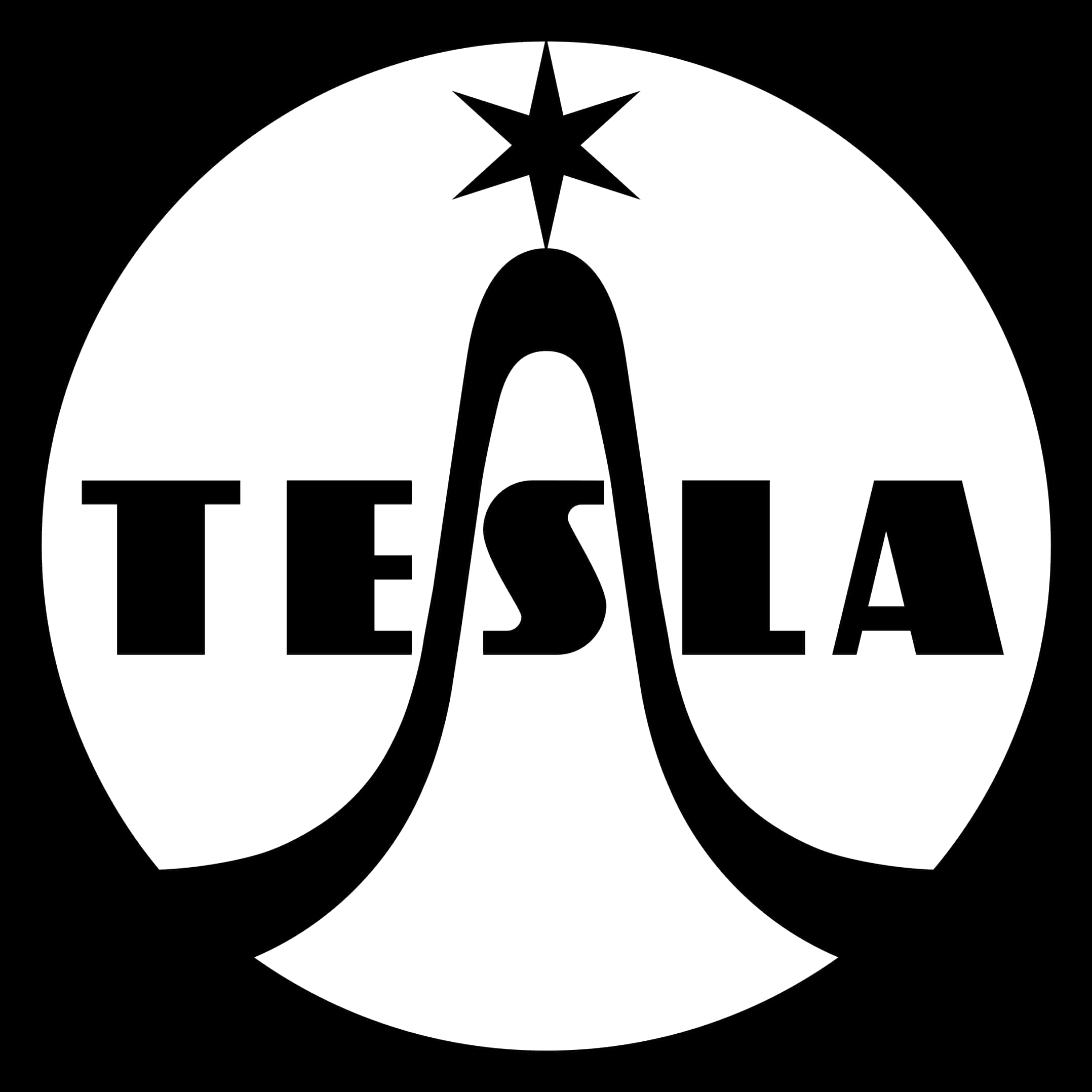 特斯拉標誌 黑白版 壁紙 — 黑白 Tesla 標誌，圓形框架內字母 'E' 上方有一顆星。