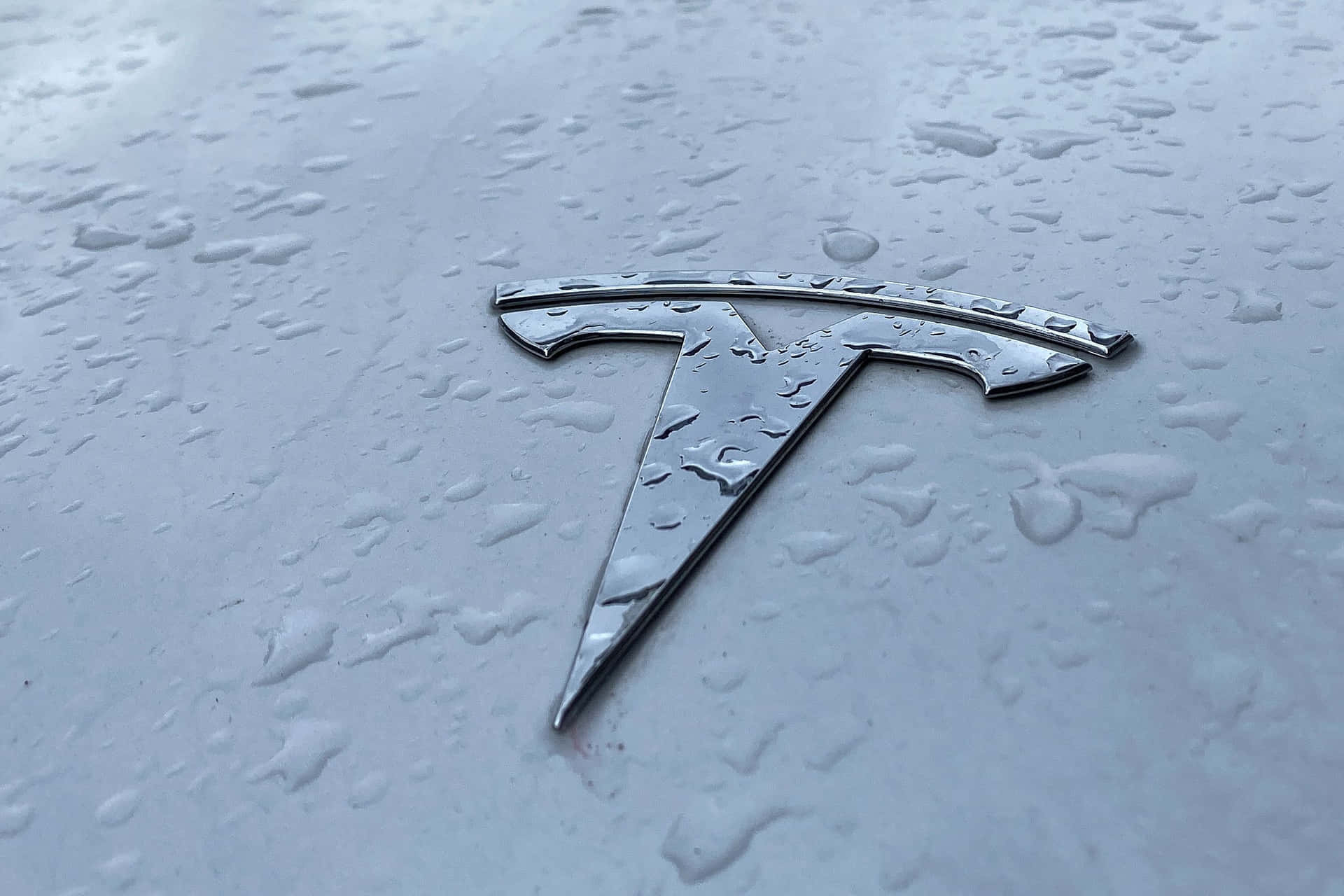 潮濕車頭蓋上嘅Tesla標誌，帶有雨滴
