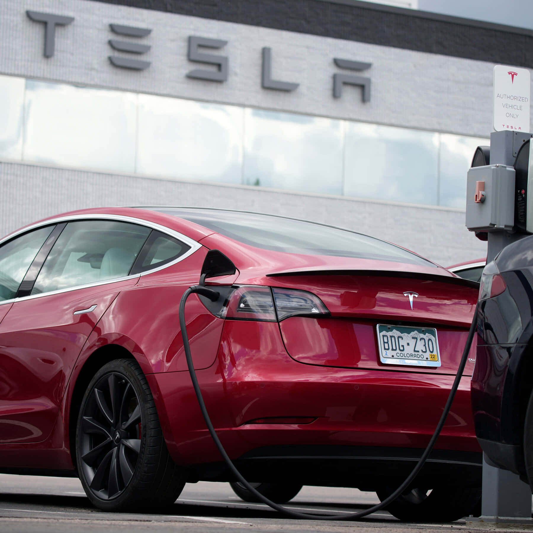 紅色Tesla汽車在Tesla經銷商的充電站插電。