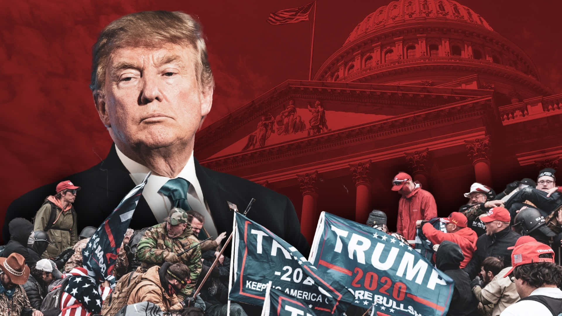 特朗普2020旗幟的國會抗議場景上疊加唐納德·特朗普圖像。