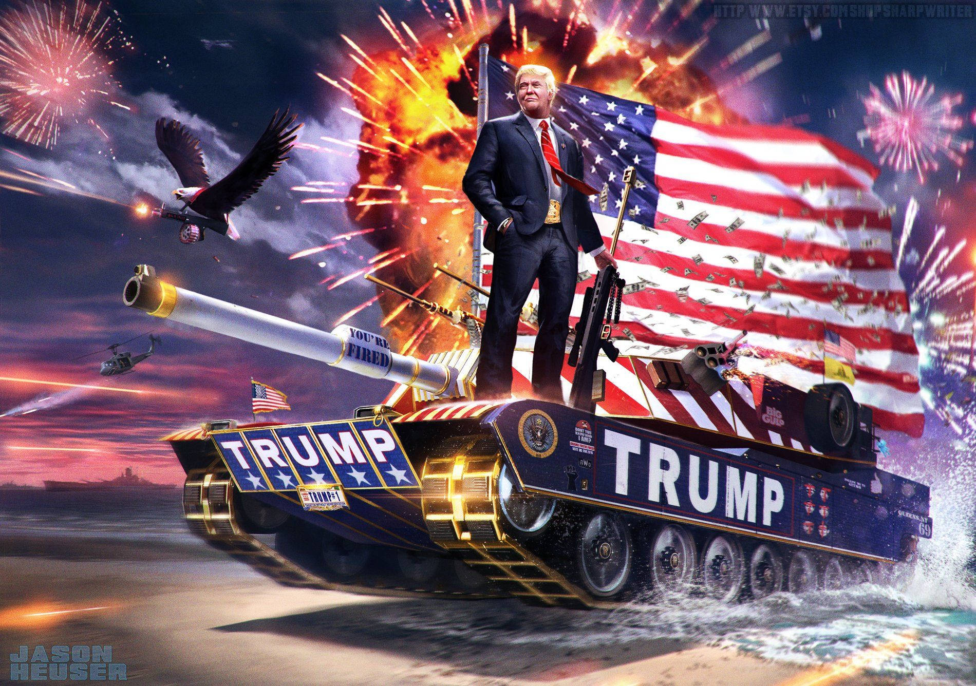 特朗普坦克騎行 壁紙 — 一名身穿西裝的男子站在標有「TRUMP」的坦克上，坦克在水面上疾馳，伴隨著煙火和一隻鷹在頭頂飛翔。