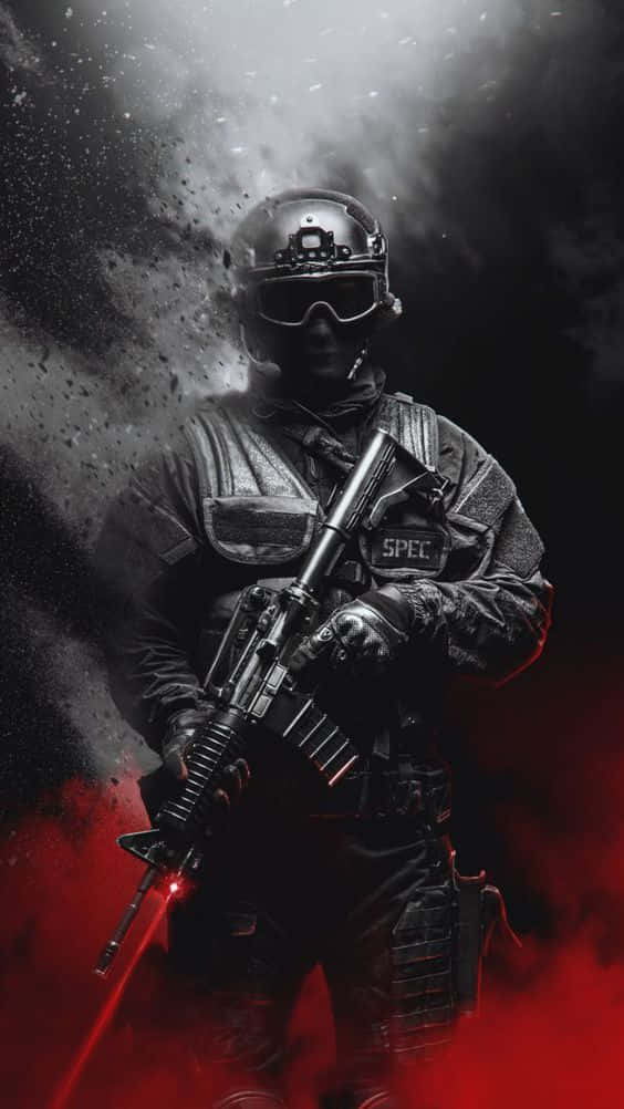 一名全副武裝的士兵在煙霧瀰漫的黑暗中手持帶有紅色激光瞄準器的步槍。