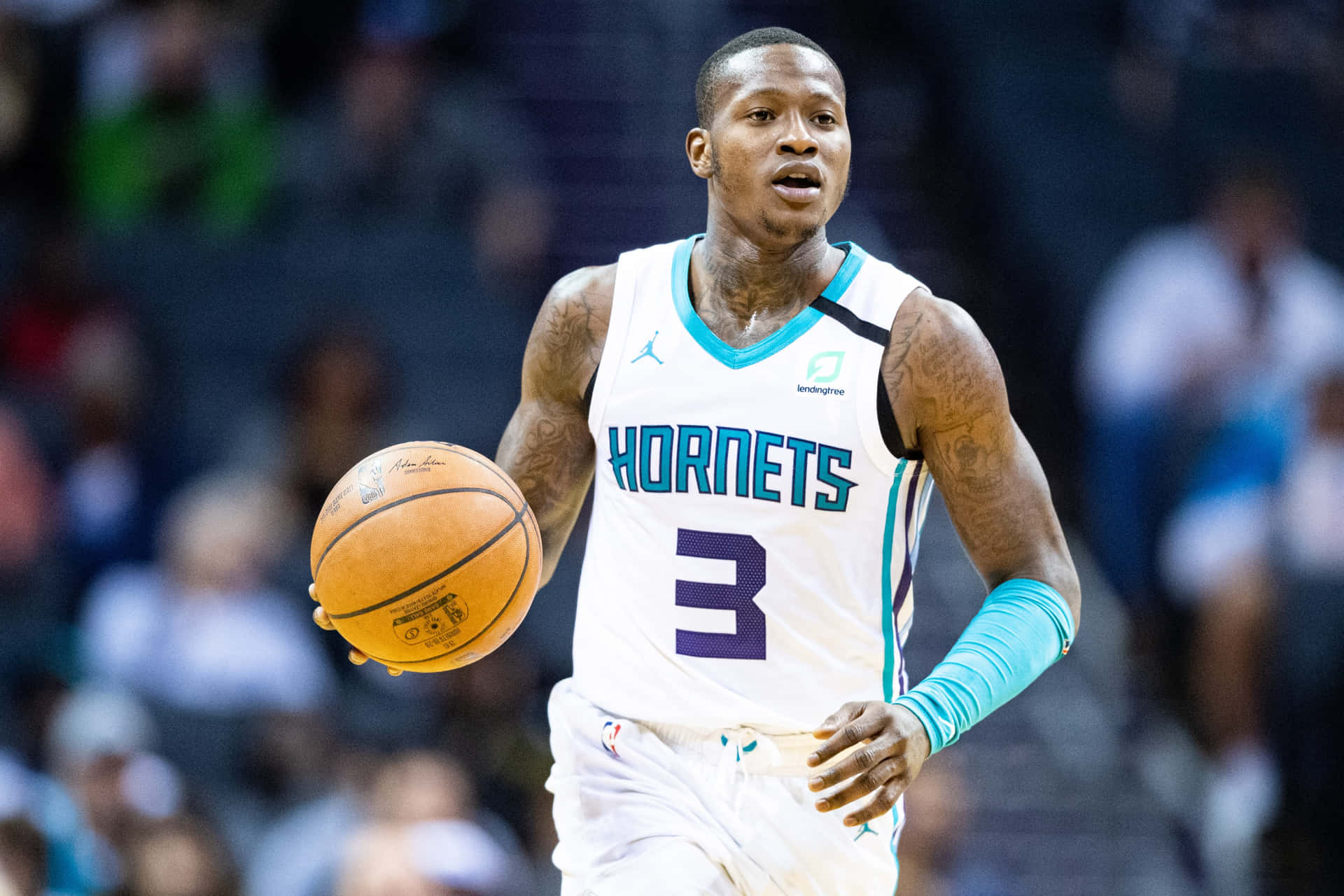 特里·羅齊爾 黃蜂隊 NBA 籃球 壁紙 — 一名身穿黃蜂隊球衣的籃球運動員在明亮的場館燈光下，於激烈的比賽中運球。