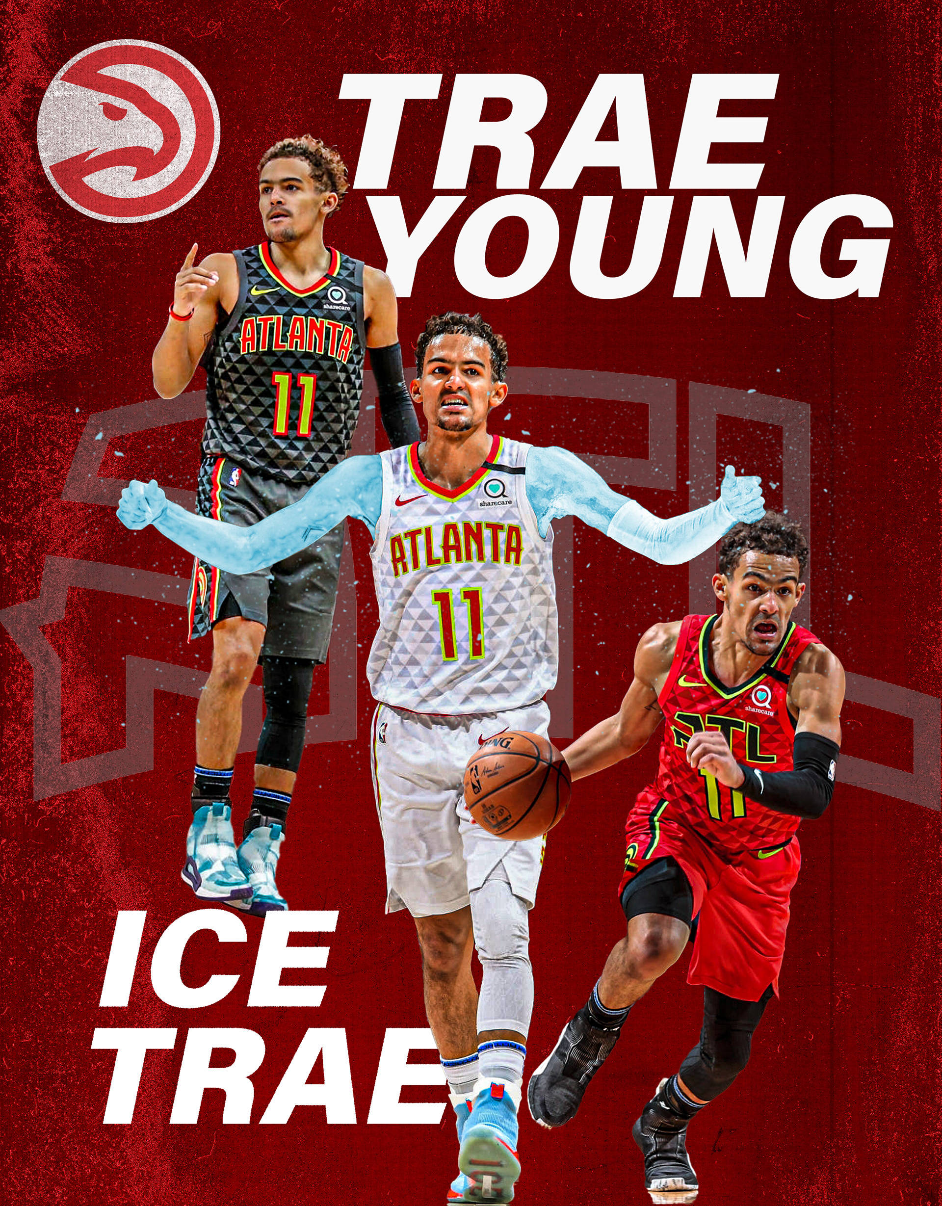 特雷·楊 亞特蘭大老鷹隊 壁紙 — 亞特蘭大老鷹隊籃球運動員Trae Young的三個動態姿勢，穿著老鷹隊球衣，背景為帶紋理的紅色，並配有粗體文字。