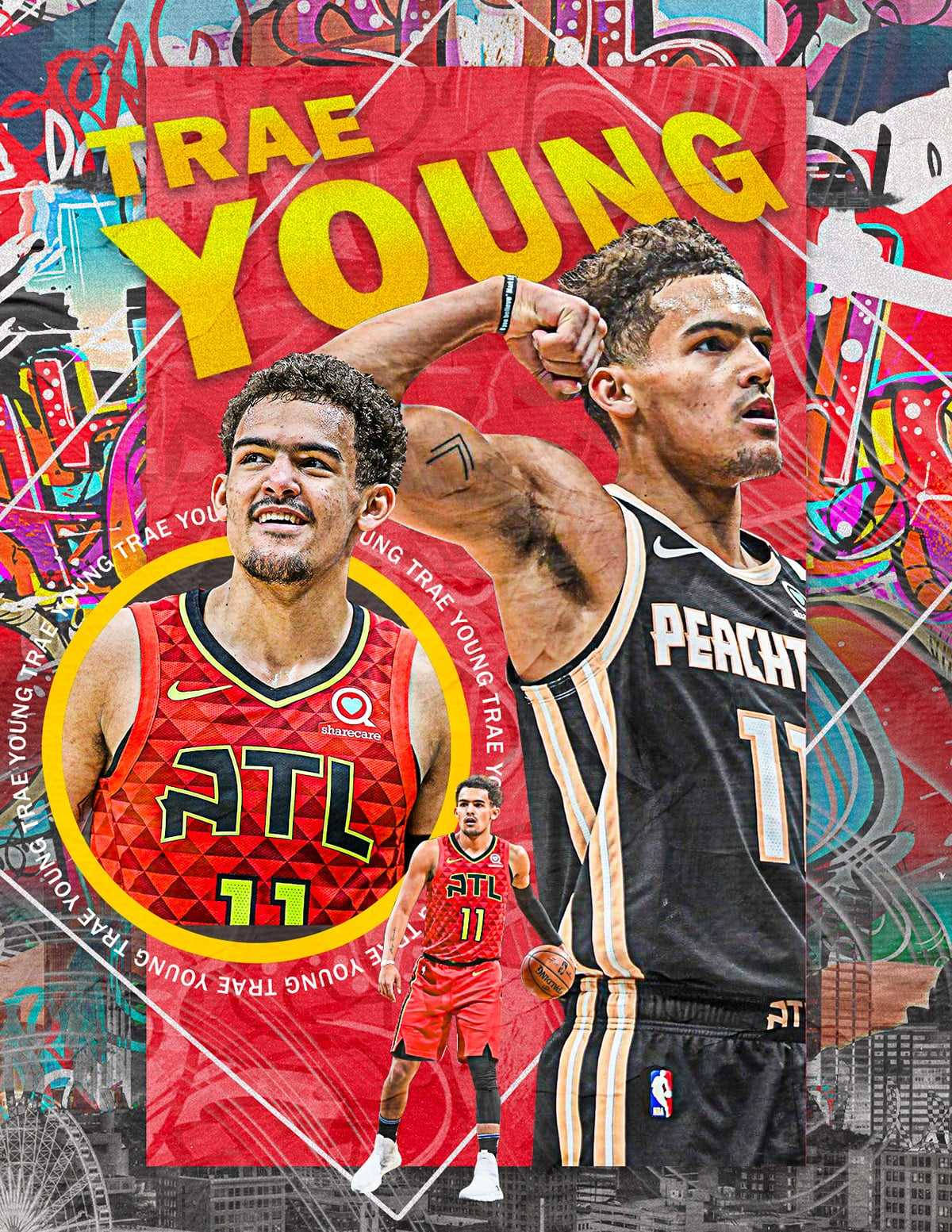 特雷·楊 街頭塗鴉藝術 壁紙 — 充滿活力的籃球運動員Trae Young拼貼畫，身穿紅色和黑色球衣，背景為塗鴉風格。