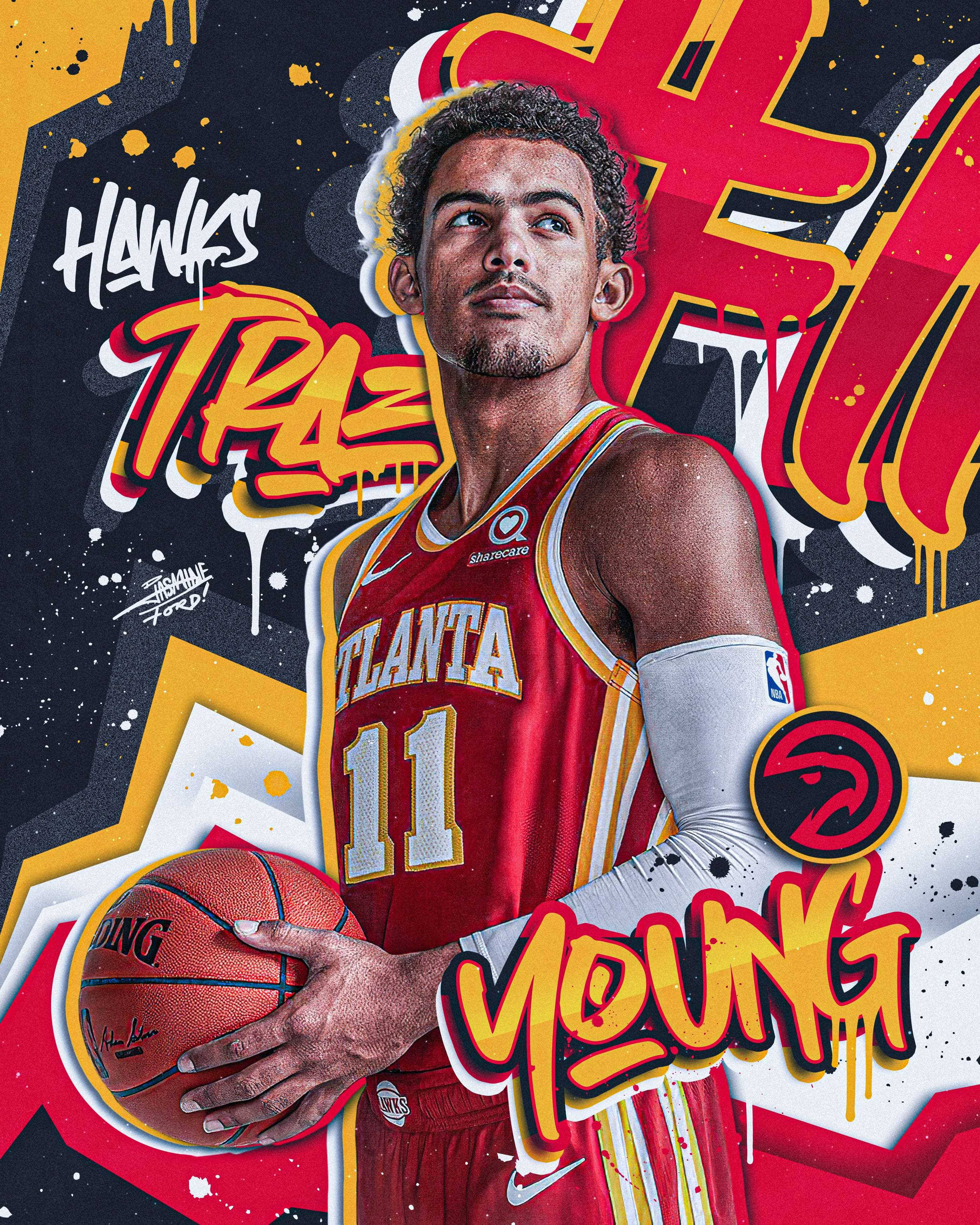 特雷·楊塗鴉粉絲藝術 壁紙 — 運動型籃球運動員 Trae Young 身穿亞特蘭大老鷹隊球衣，在充滿活力的塗鴉風格背景前持球。