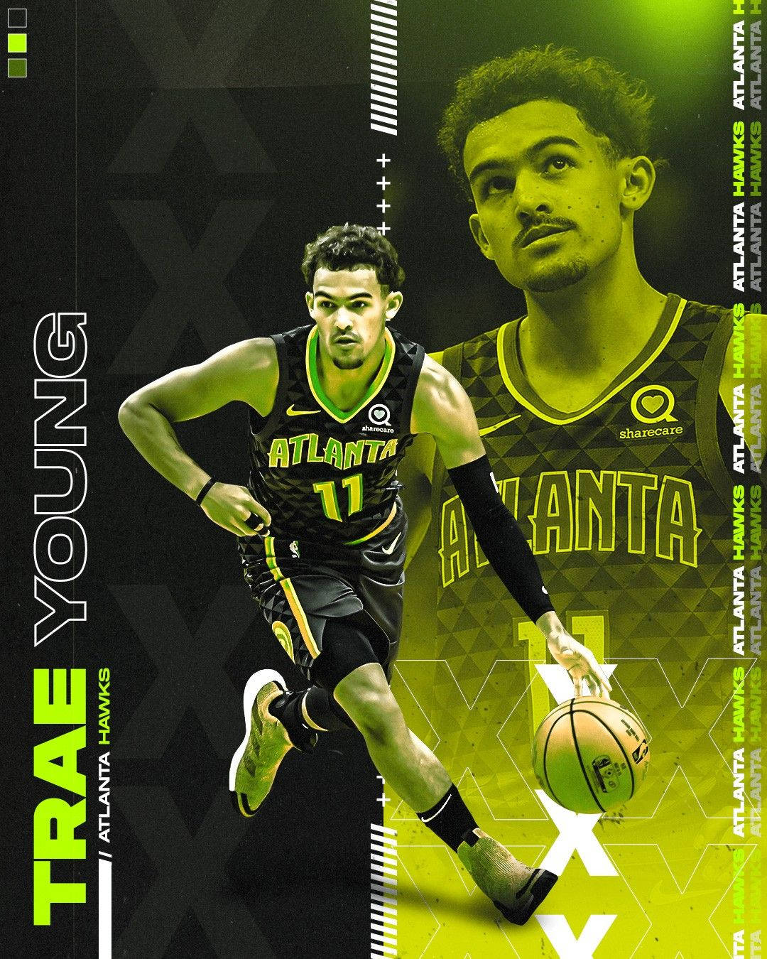 特雷·楊綠黑配色 壁紙 — Trae Young 身穿亞特蘭大鷹隊球衣，在螢光綠和黑色幾何背景中運球。
