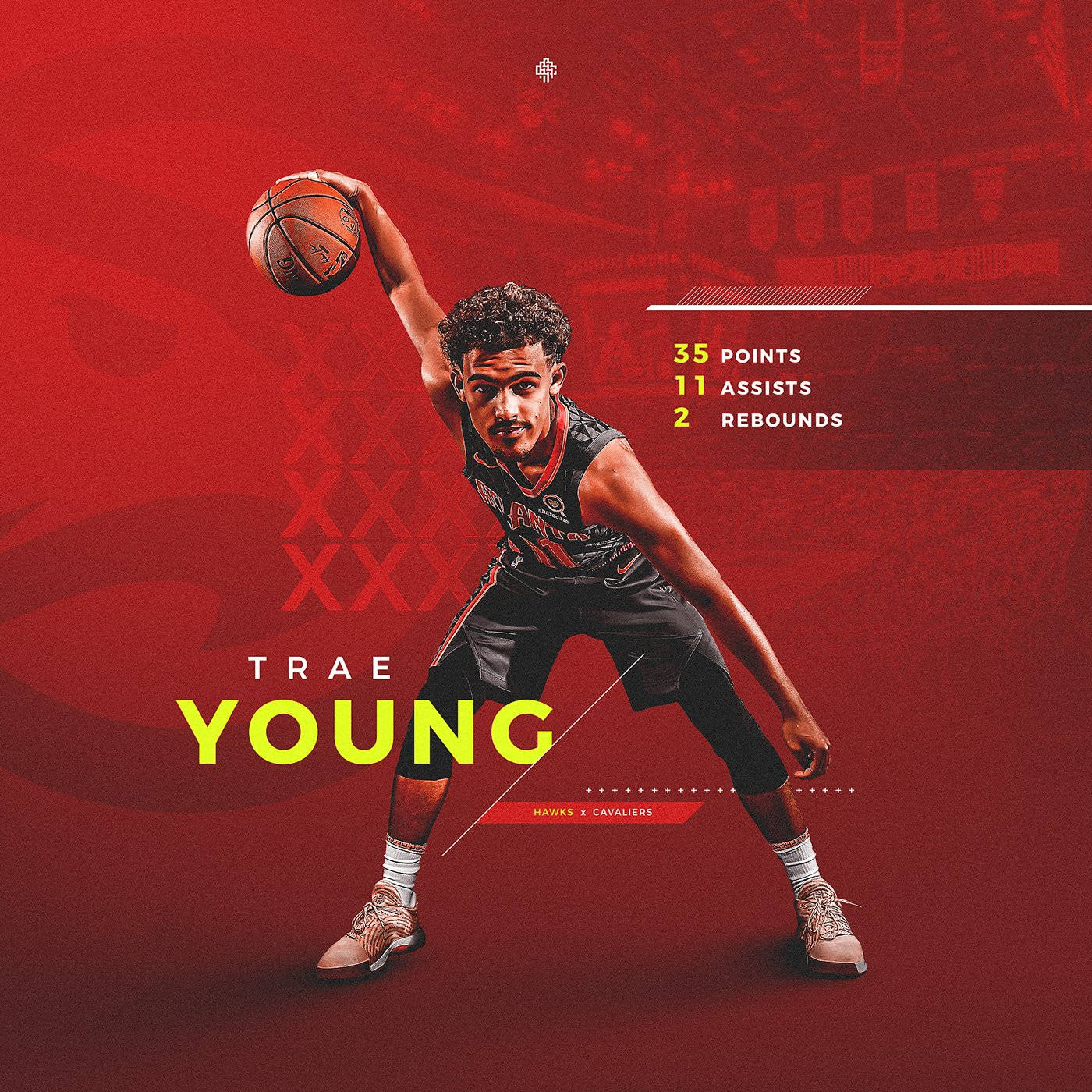 特雷·楊老鷹隊個人檔案 壁紙 — Trae Young 身穿亞特蘭大老鷹隊球衣，準備在醒目的紅色背景和比賽統計數據疊加中投籃。