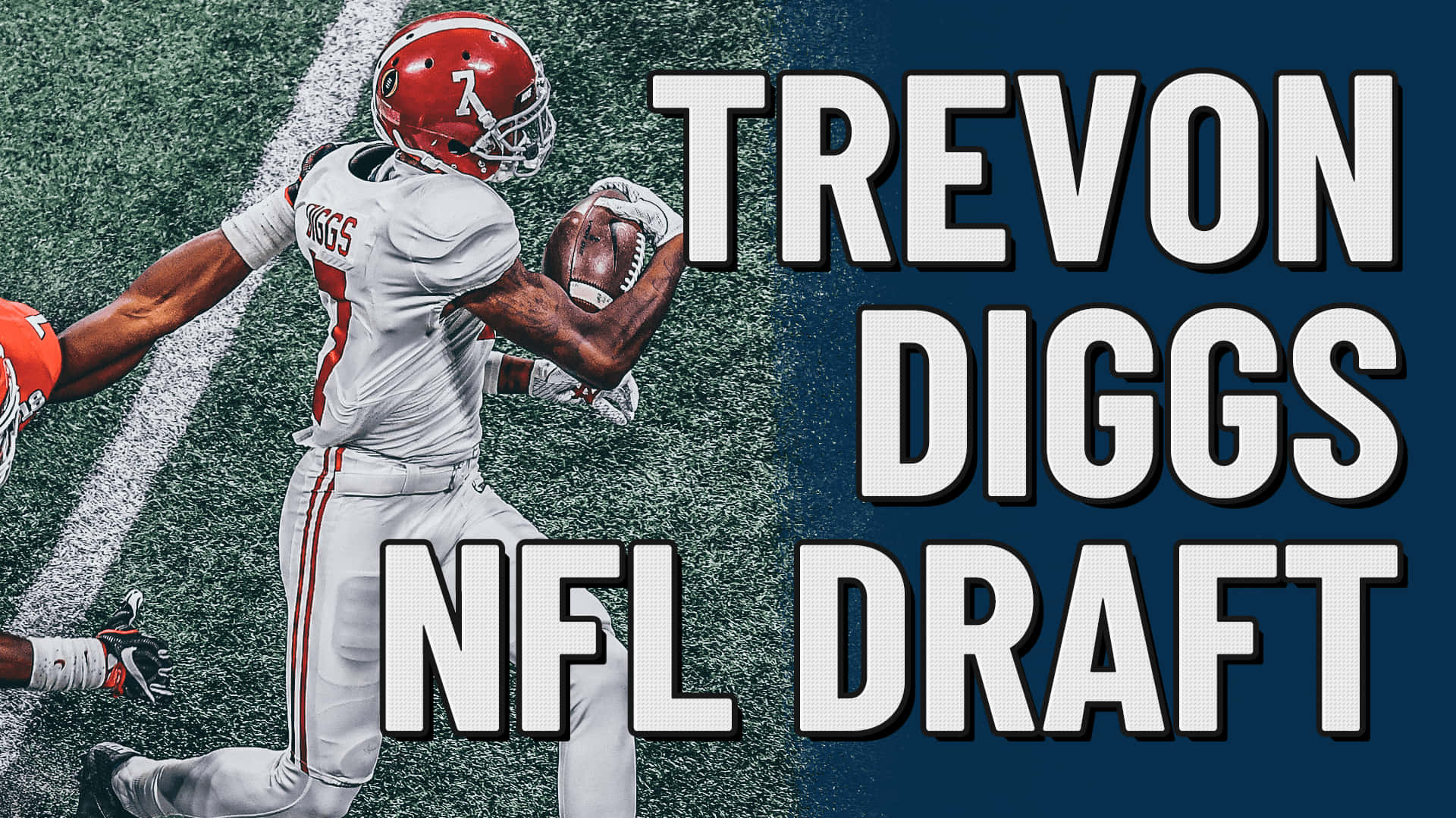 Trevon Diggs 穿著足球裝備在 NFL 選秀宣佈期間接住傳球。