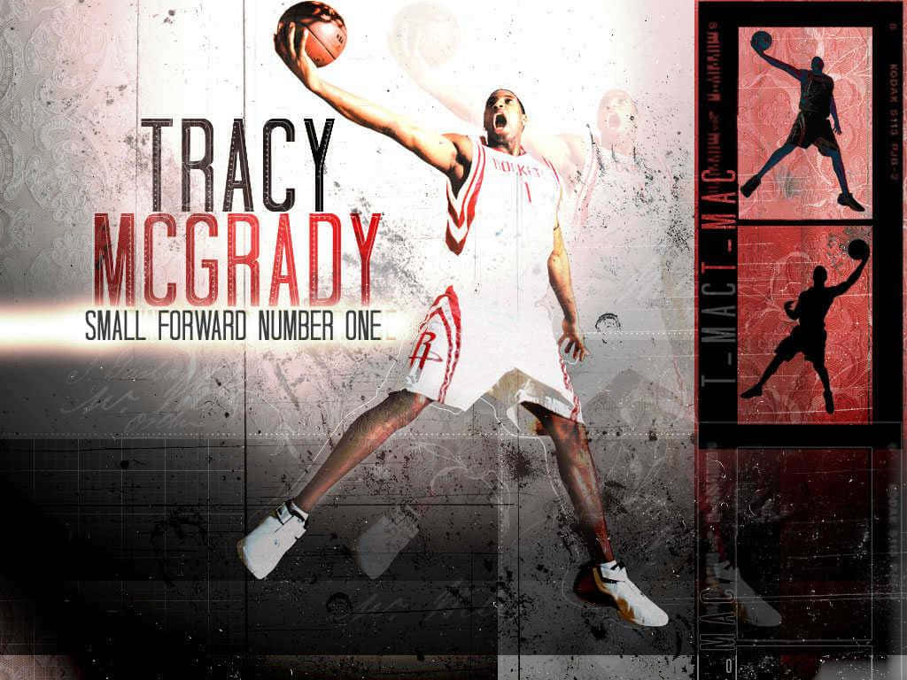 Tracy McGrady 在空中扣籃，身穿火箭隊球衣，帶有紅色剪影和粗體文字。