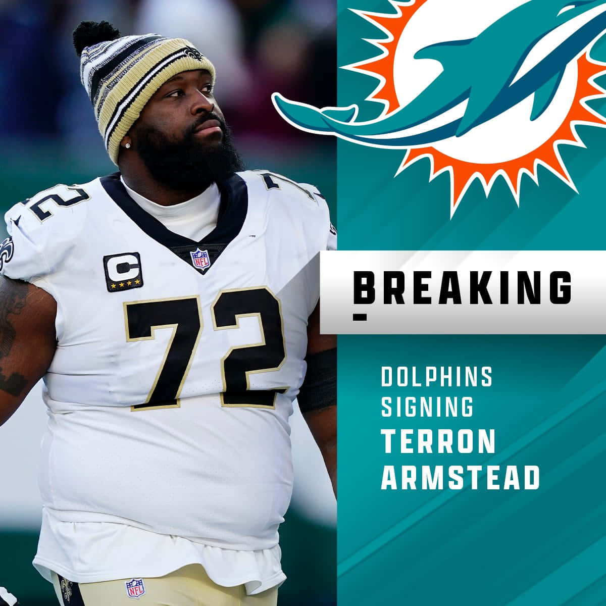 NFL 球員泰隆·阿姆斯特德身穿聖徒隊球衣，附有海豚隊突發新聞圖形。 — 邁阿密海豚 GIF 壁紙