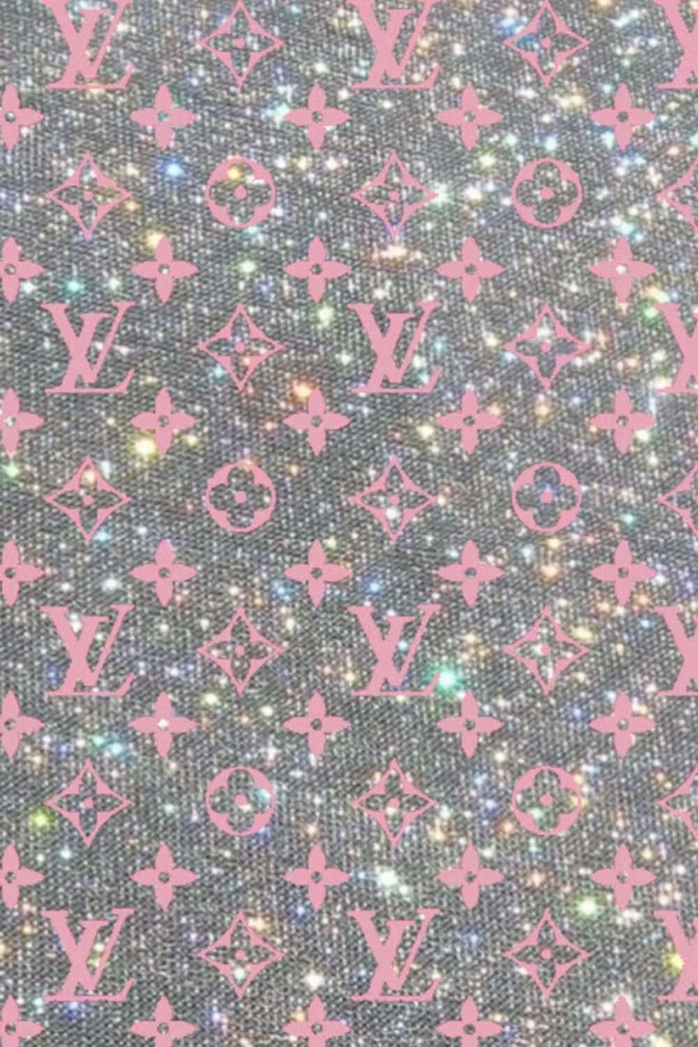 灰色背景上帶有閃粉的粉紅色Louis Vuitton字母圖案。