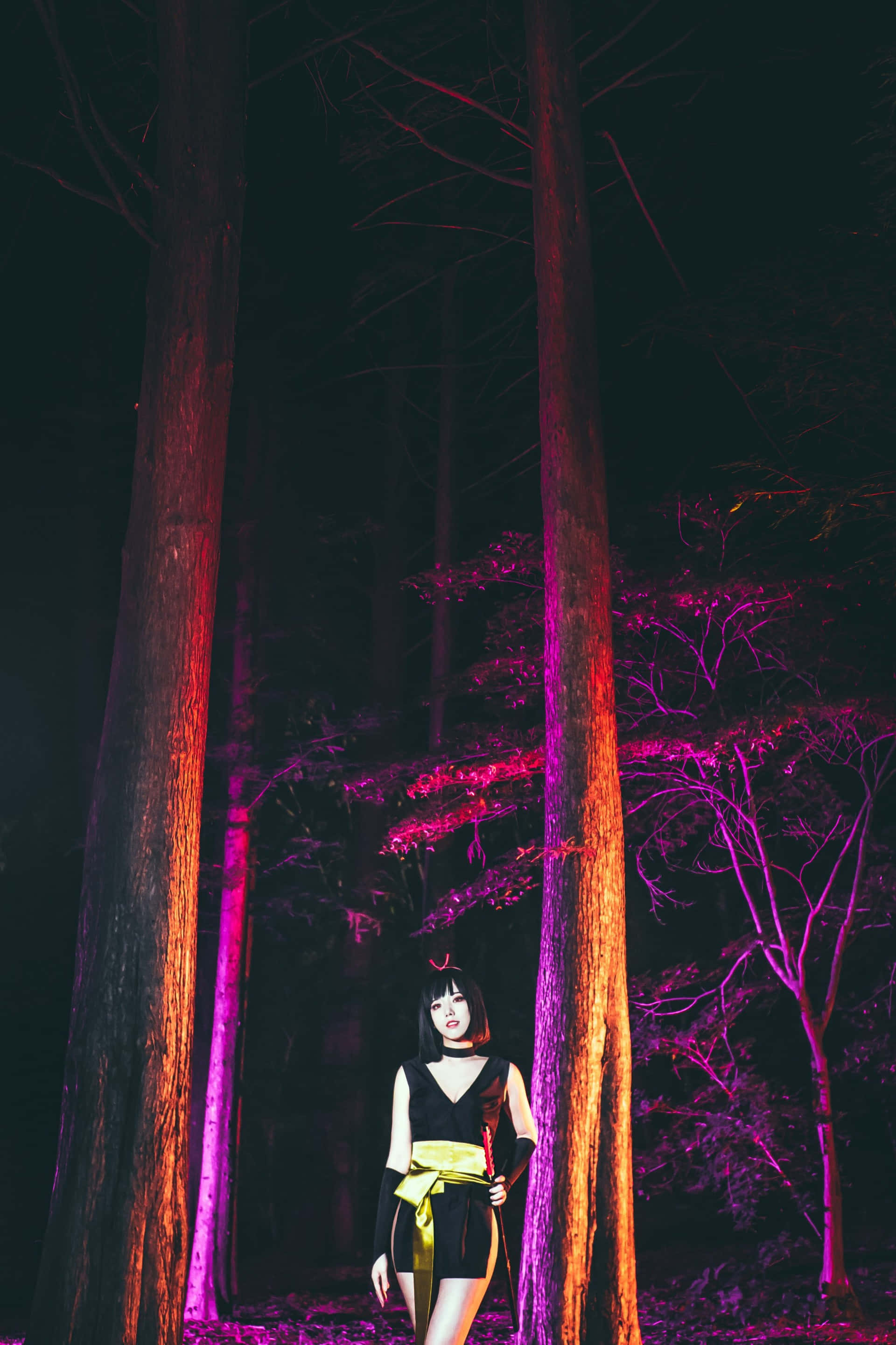 《犬夜叉》中的妖姬——優雅而強大的角色 壁紙 — 一位身穿黑色和金色衣服的女性站在夜晚黑暗森林中發光的紅色和紫色樹木之間。
