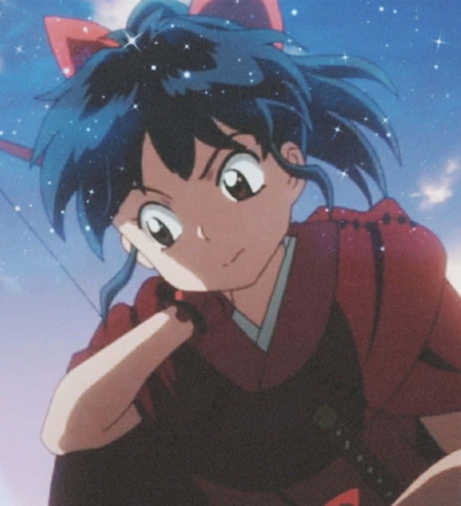 《犬夜叉：半妖的王子》三姐妹戰鬥姿態 壁紙 — 藍髮紅貓耳動漫少女在星空暮色下沉思凝望。