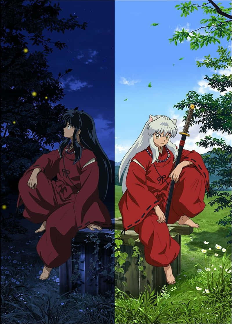 《犬夜叉》拼貼手機壁紙 壁紙 — 動漫角色犬夜叉和戈薇並排坐在一根木柱上，木柱分為夜晚和白天場景。