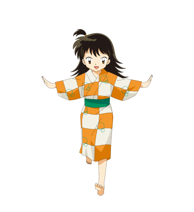 犬夜叉 神樂穿和服 壁紙 — 一個穿著橙色和白色和服、繫著綠色腰帶、帶有圓形圖案的開朗動畫女孩，在純綠色背景上歡快地跳躍。